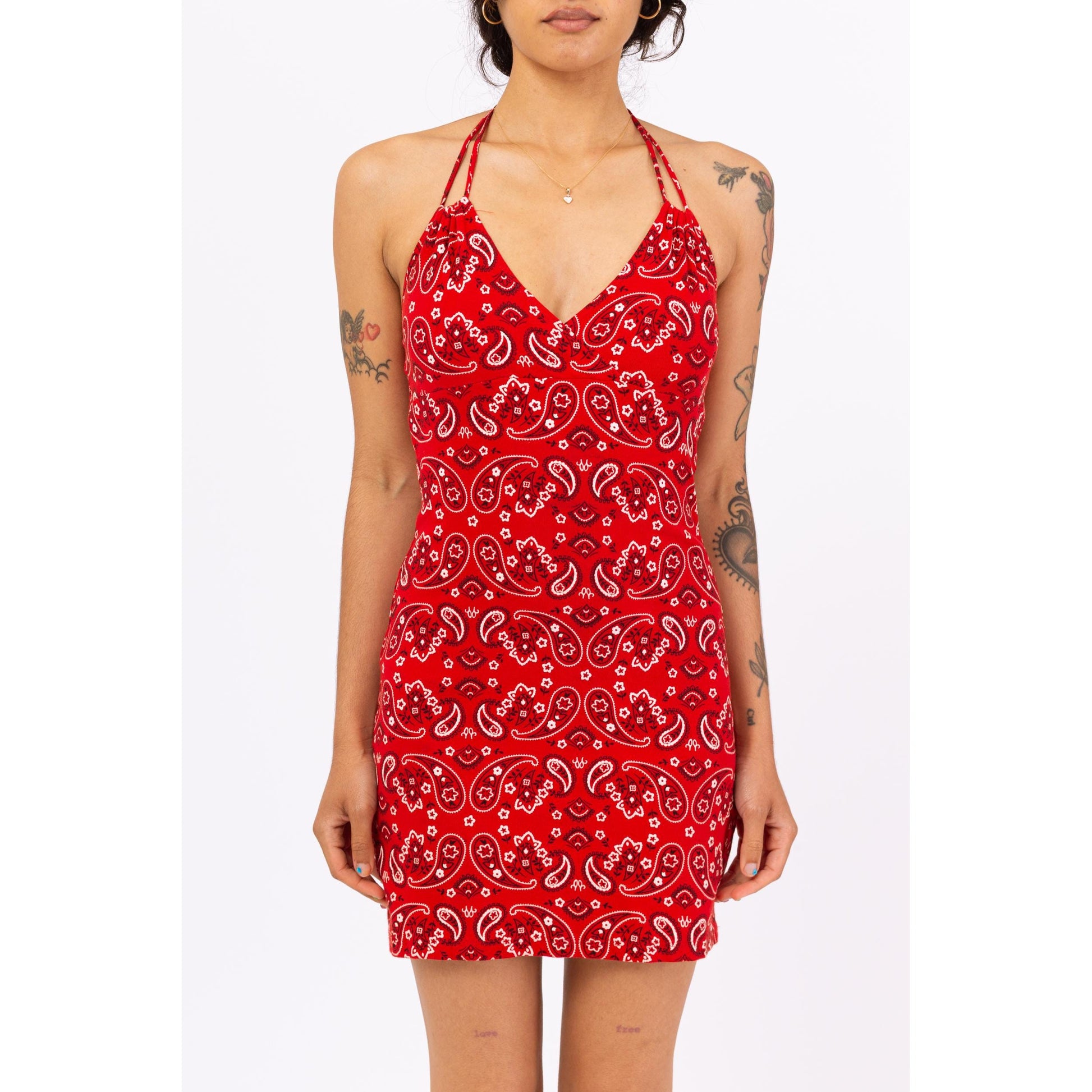 Vintage 90s Red Bandana Print Halter Mini Dress - Small | Western Y2K Festival Dress, Paisley Print Cotton Summer Sundress