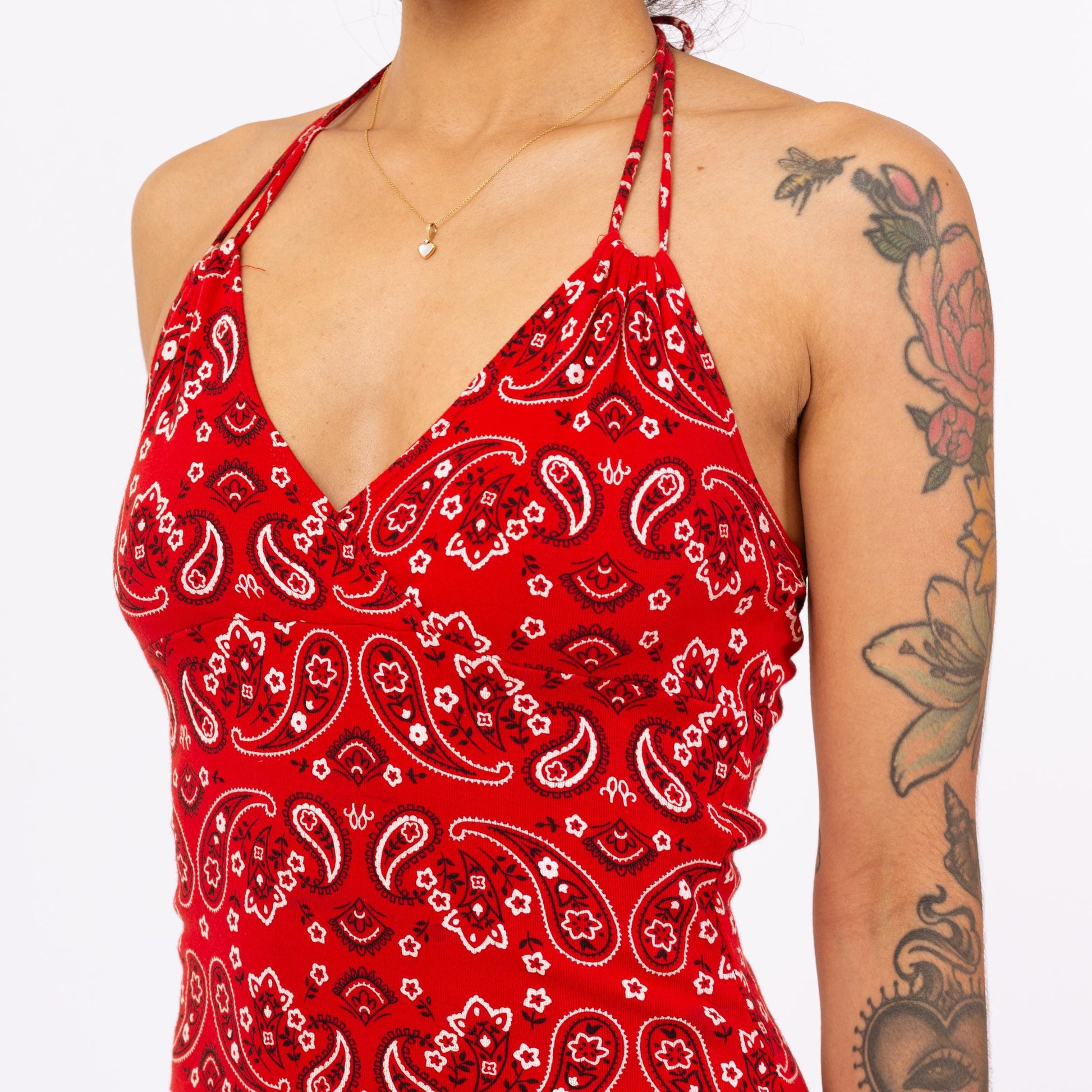 Vintage 90s Red Bandana Print Halter Mini Dress - Small | Western Y2K Festival Dress, Paisley Print Cotton Summer Sundress