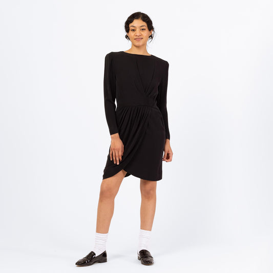 Vintage 60s Carven French Couture Little Black Dress - Medium | 1960s Paris France Long Sleeve Mini Wrap Dress, Cocktail Dress