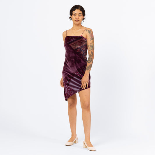 Vintage 90s Y2K Purple Velvet Chain Strap Party Dress - Small | Paisley Print Bodycon Mini Dress, Asymmetrical Hem 2000s Club Dress