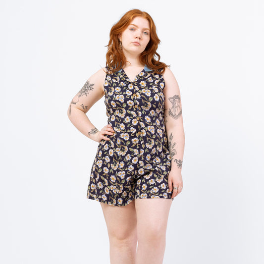 Vintage 90s Grunge Floral Denim Collar Romper | Navy Blue Boho Sleeveless Mini Playsuit, Button Front Summer Outfit