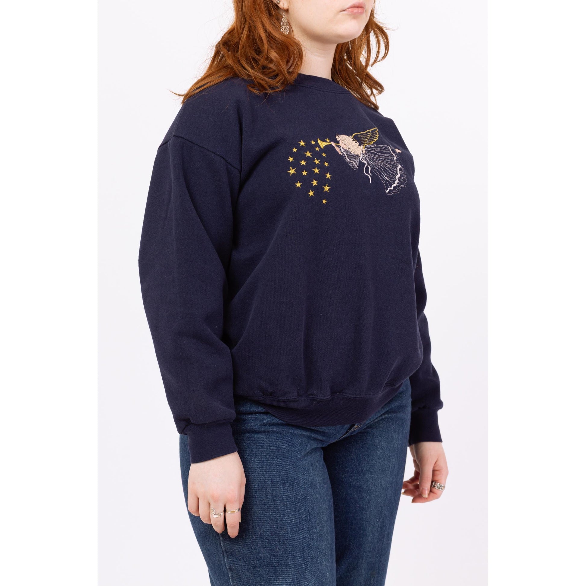 Vintage 90s Navy Blue Herald Angel Sweatshirt - Large | Embroidered Graphic Crewneck, Christmas Holiday Sweater
