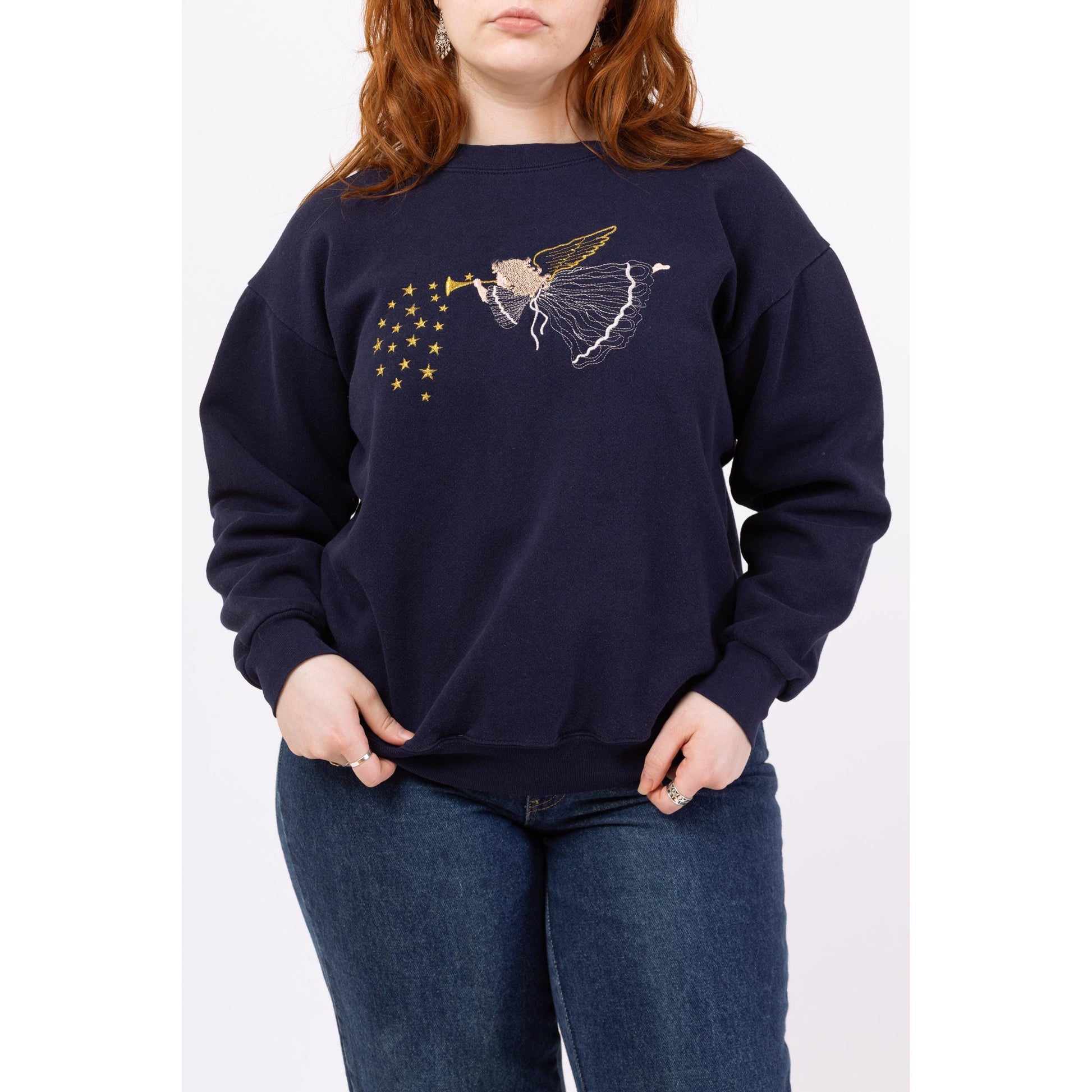 Vintage 90s Navy Blue Herald Angel Sweatshirt - Large | Embroidered Graphic Crewneck, Christmas Holiday Sweater
