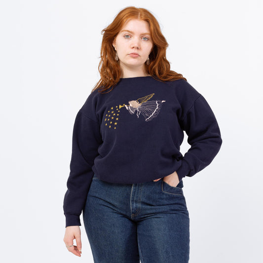 Vintage 90s Navy Blue Herald Angel Sweatshirt - Large | Embroidered Graphic Crewneck, Christmas Holiday Sweater
