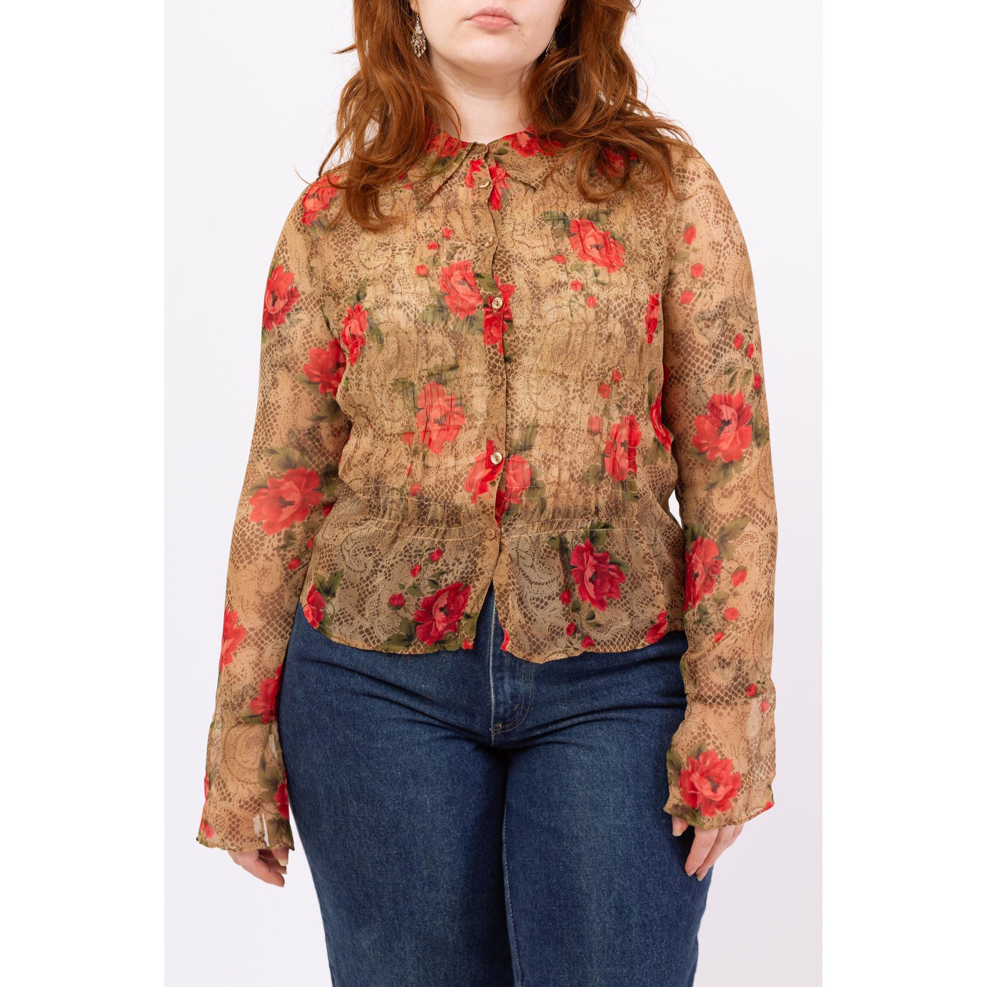 Vintage 90s Sheer Silk Floral & Snakeskin Print Blouse - Large | Boho Bell Sleeve Top, Long Sleeved Button Up Shirt