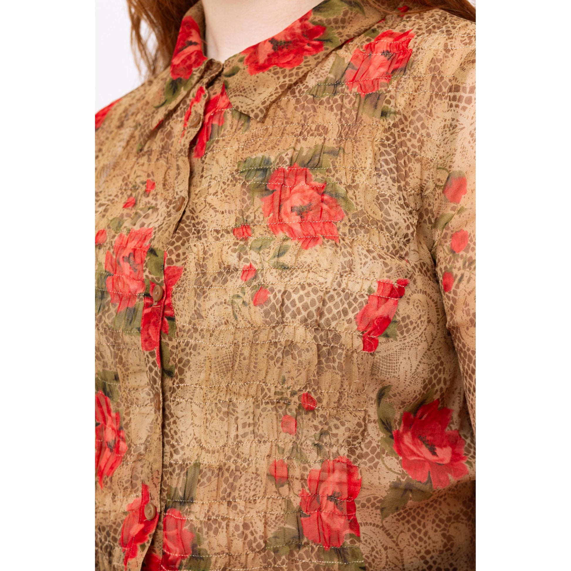 Vintage 90s Sheer Silk Floral & Snakeskin Print Blouse - Large | Boho Bell Sleeve Top, Long Sleeved Button Up Shirt