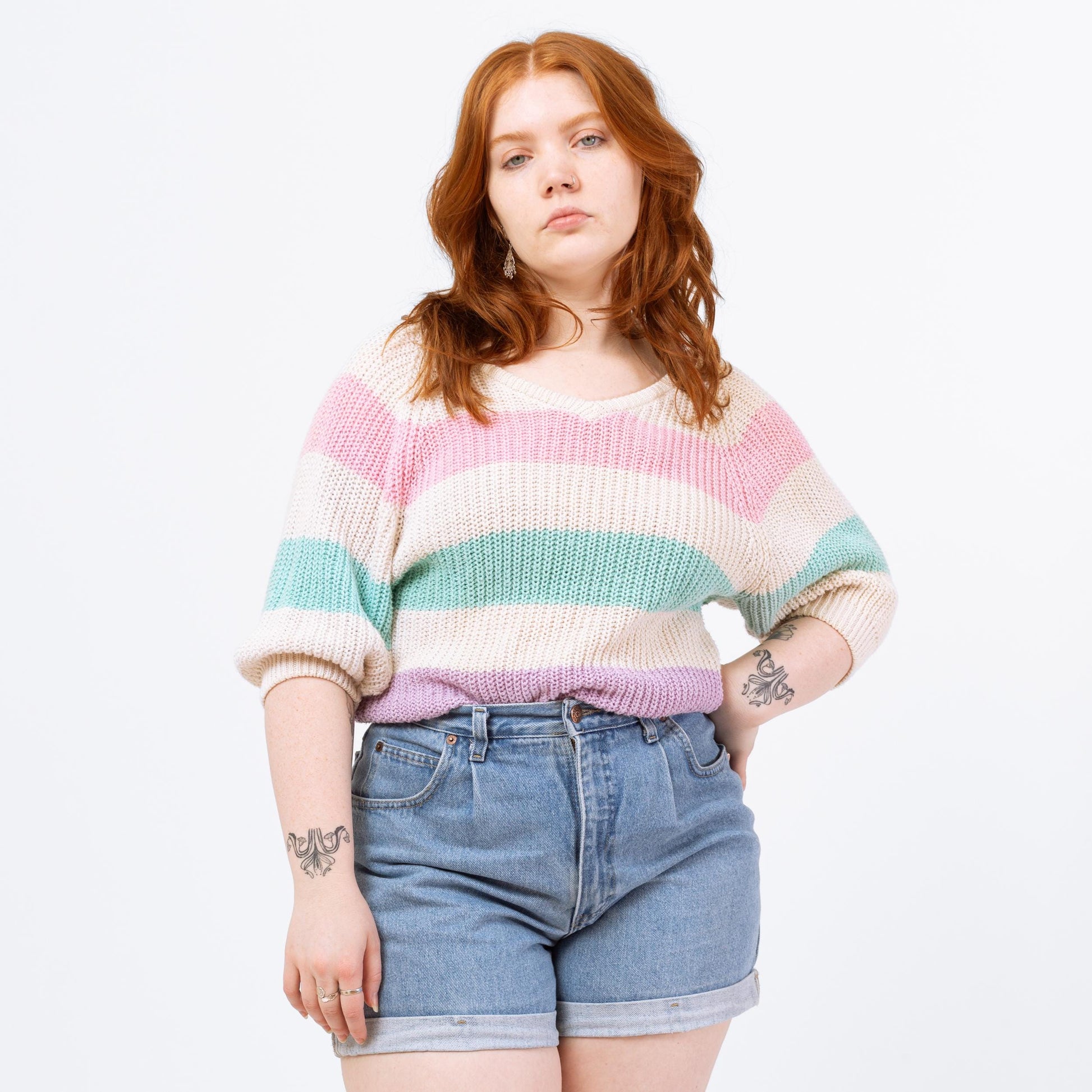 Vintage 80s Pastel Striped Low Back Slouchy Knit Sweater - Medium | Retro Wide V Neck 3/4 Sleeve Pullover, Soft Girl Aesthetic