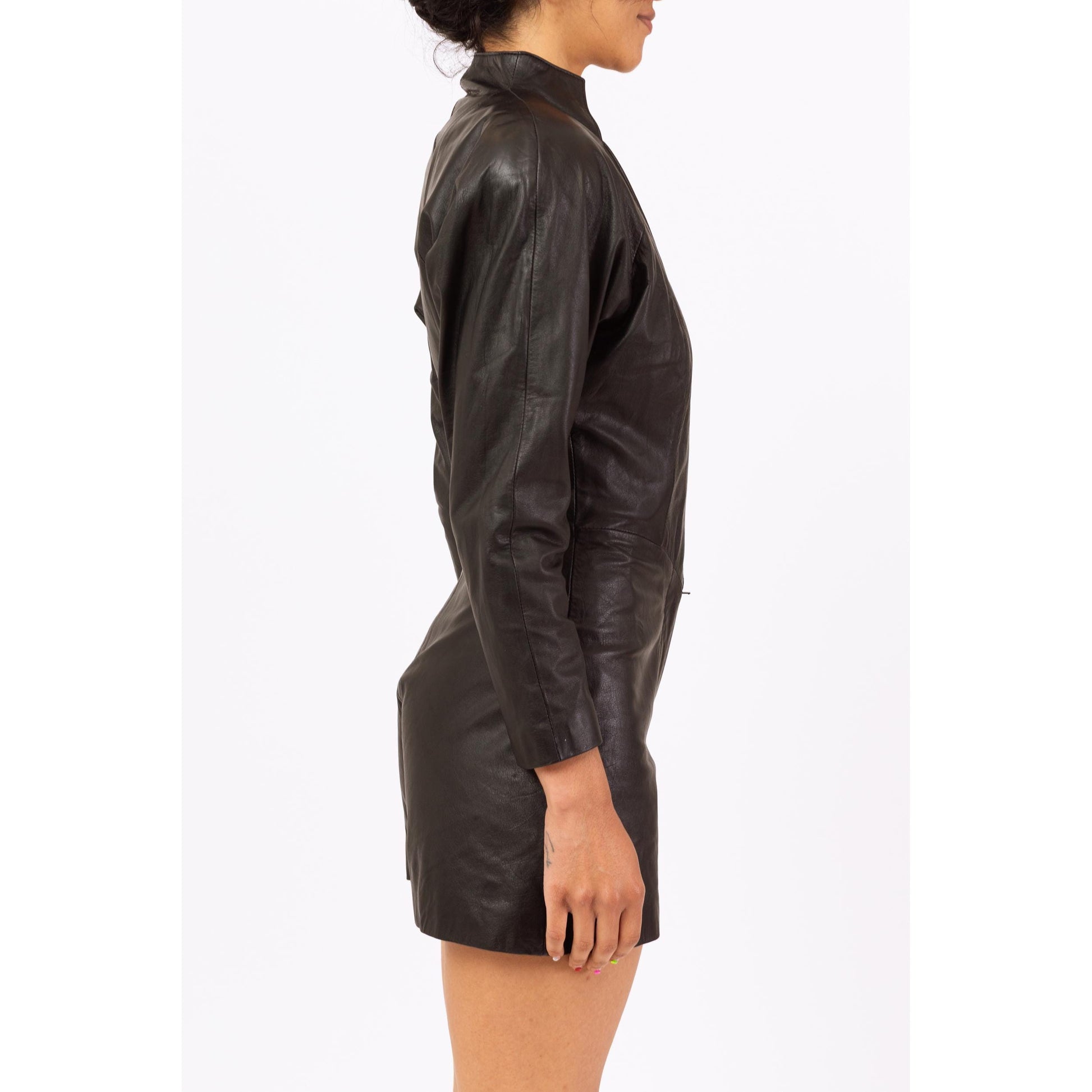Vintage 80s Black Leather Biker Chic Romper - Small | V Neck Belted Short Moto Jumpsuit, Futuristic Goth Punk Outfit