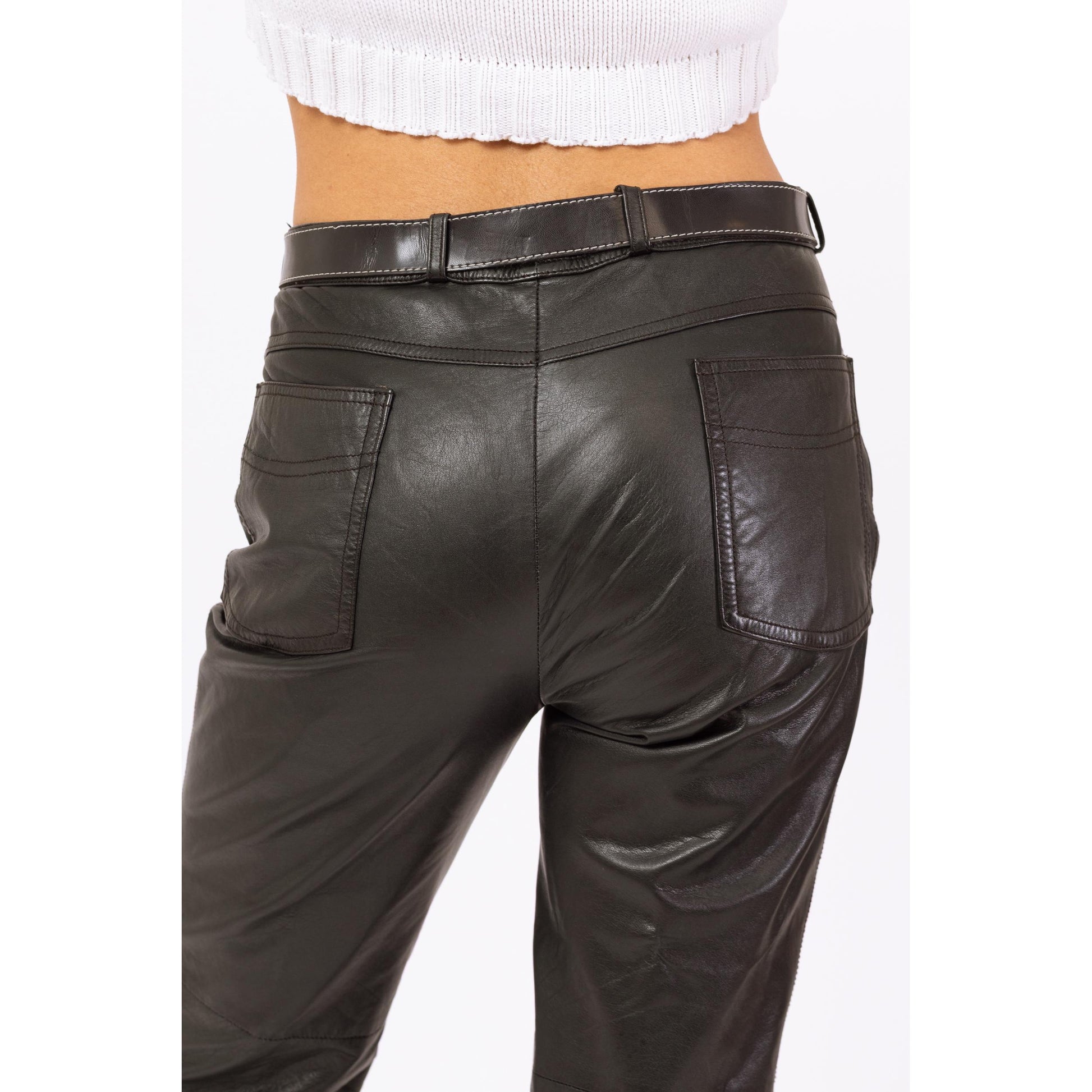 Vintage 80s Black Soft Leather Pants - Medium, 28" Waist | High Waisted Biker Chic Pants, Slim Tapered Leg Trousers