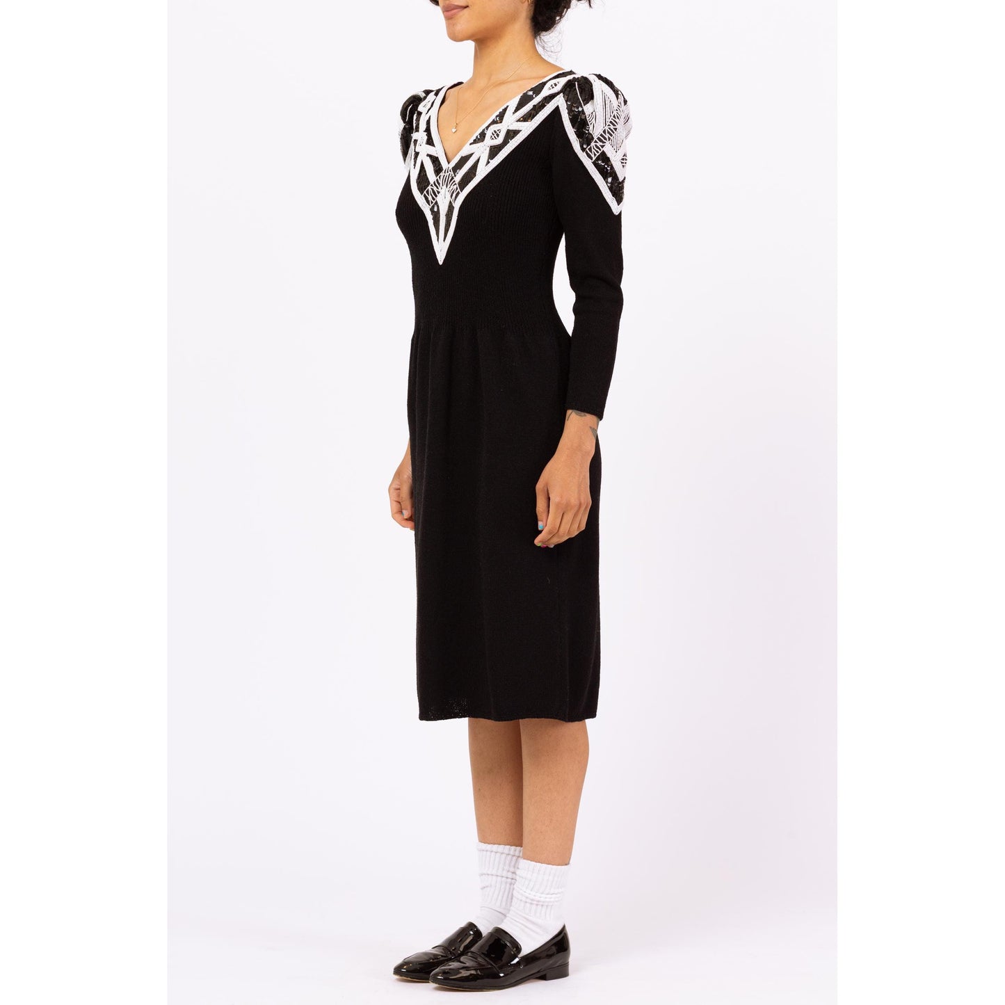 Vintage 80s Pat Sandler Black & White Beaded Knit Midi Sweater Dress - Small to Medium | Designer Long Sleeve Glam Formal Cocktail Dress