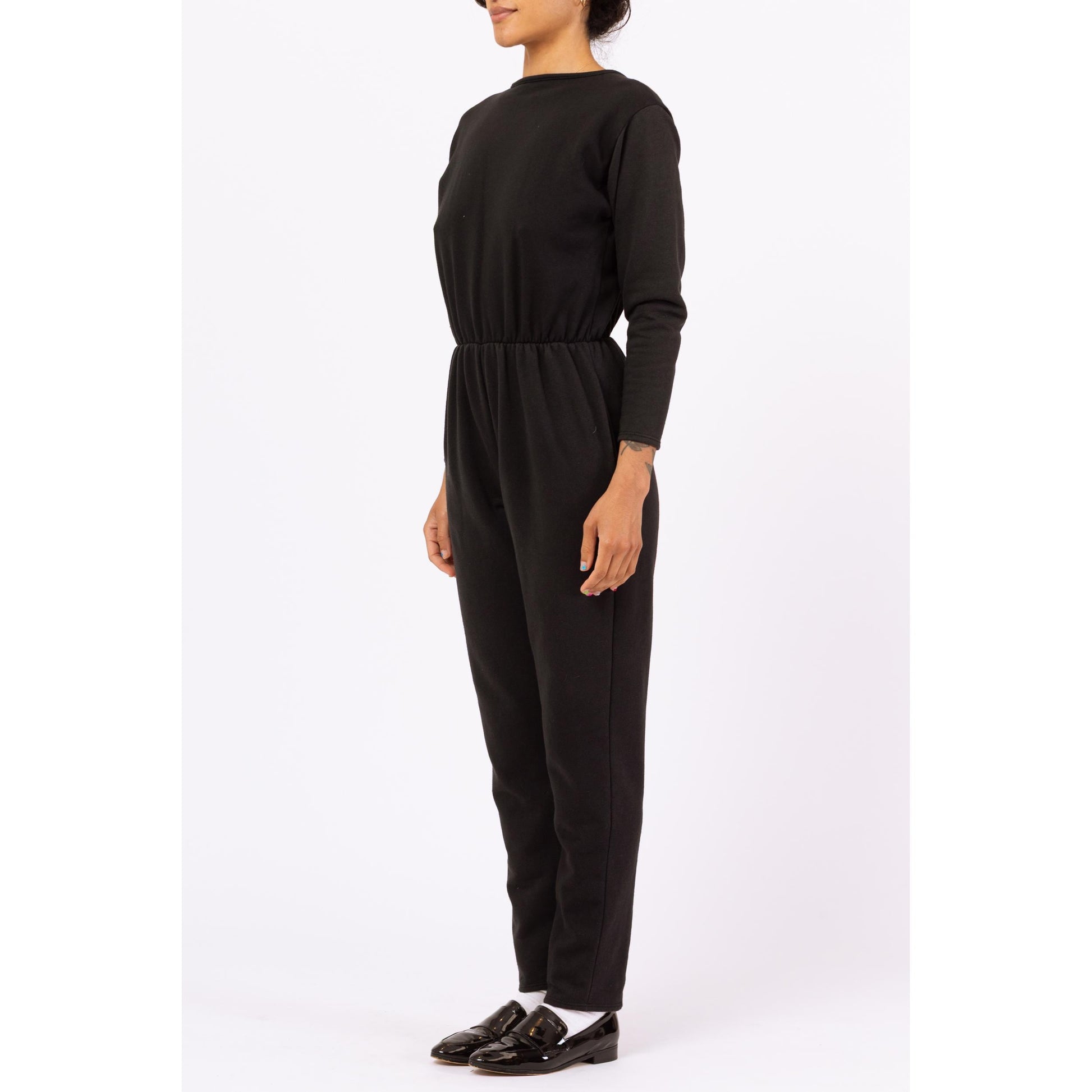 Vintage 80s Black Deep V Lounge Jumpsuit - Small to Medium | Long Sleeve Sweatshirt One Piece, Minimalist Pantsuit