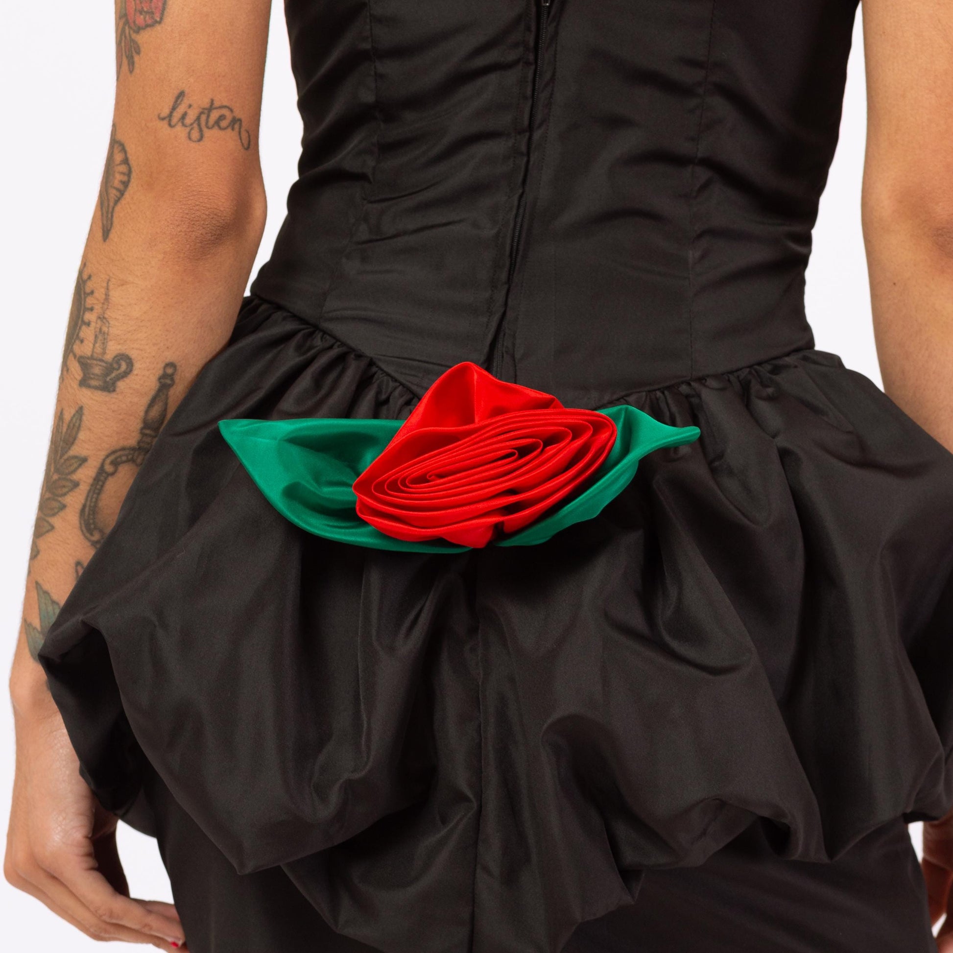Vintage 80s Black Peplum Rose Party Dress - Small | Strapless Bubble Skirt Mini Dress, Retro 1980s Prom Dress