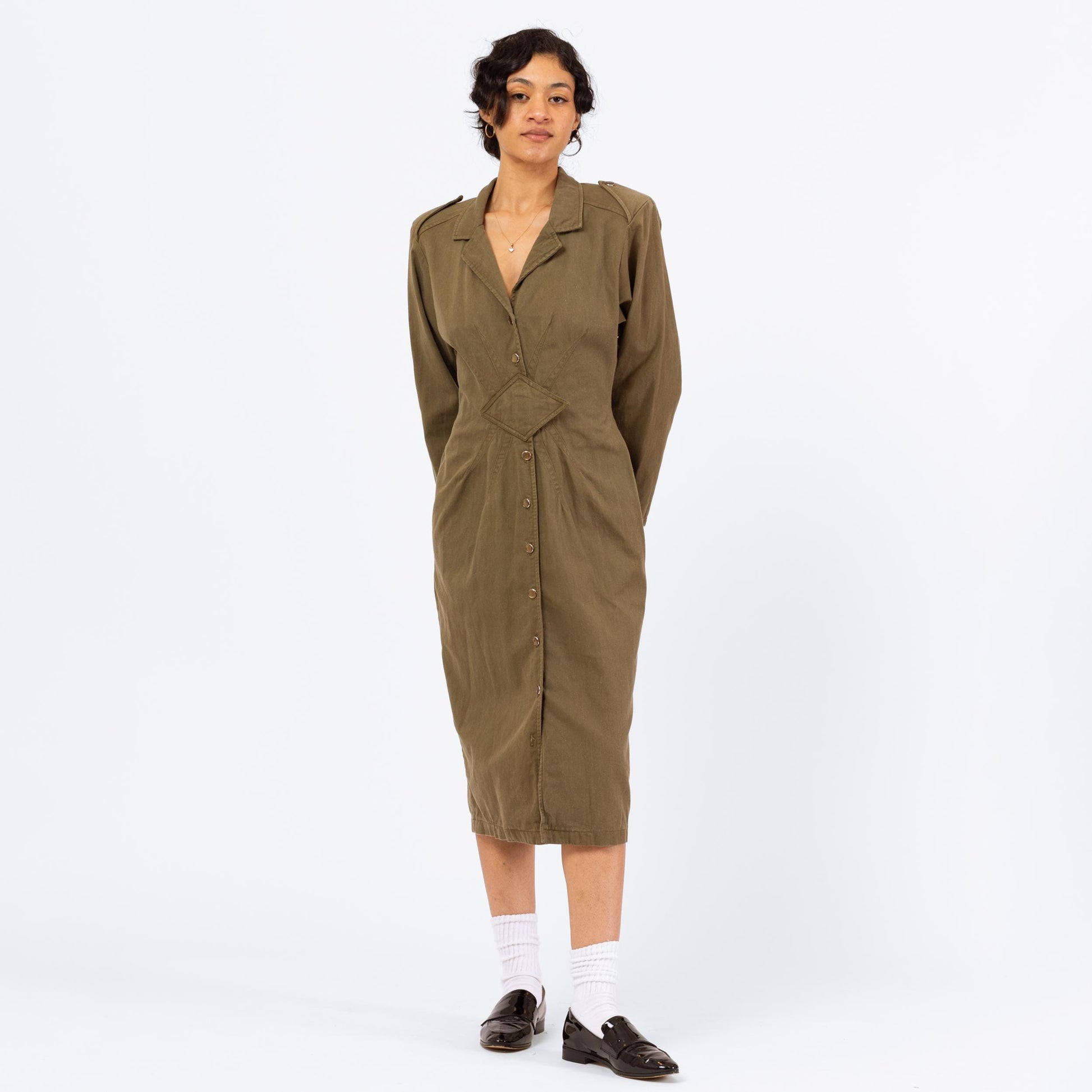 Vintage 90s Olive Green Military Style Midi Shirtdress - Medium | Deco Button Front Long Sleeve Cotton Midi Dress
