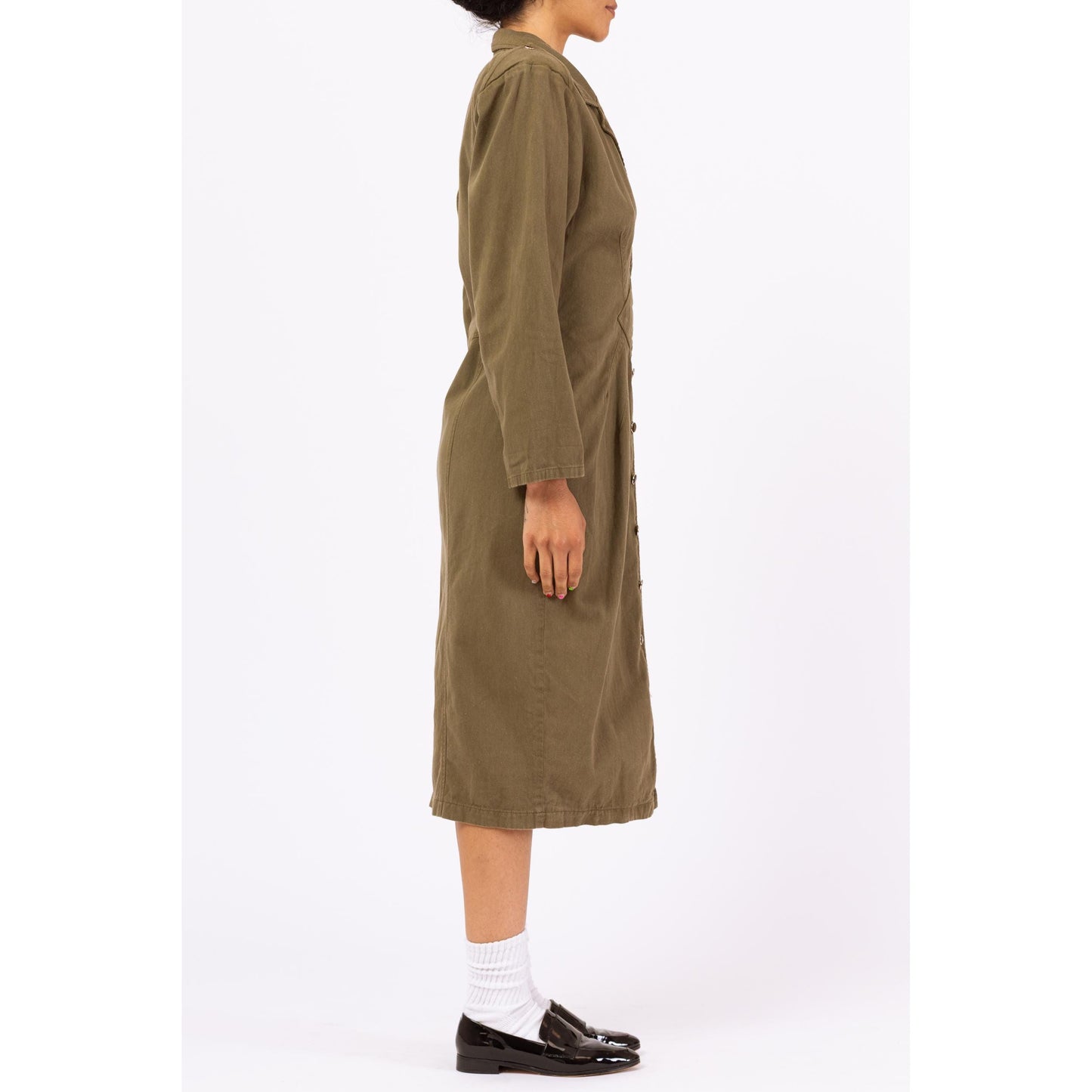 Vintage 90s Olive Green Military Style Midi Shirtdress - Medium | Deco Button Front Long Sleeve Cotton Midi Dress