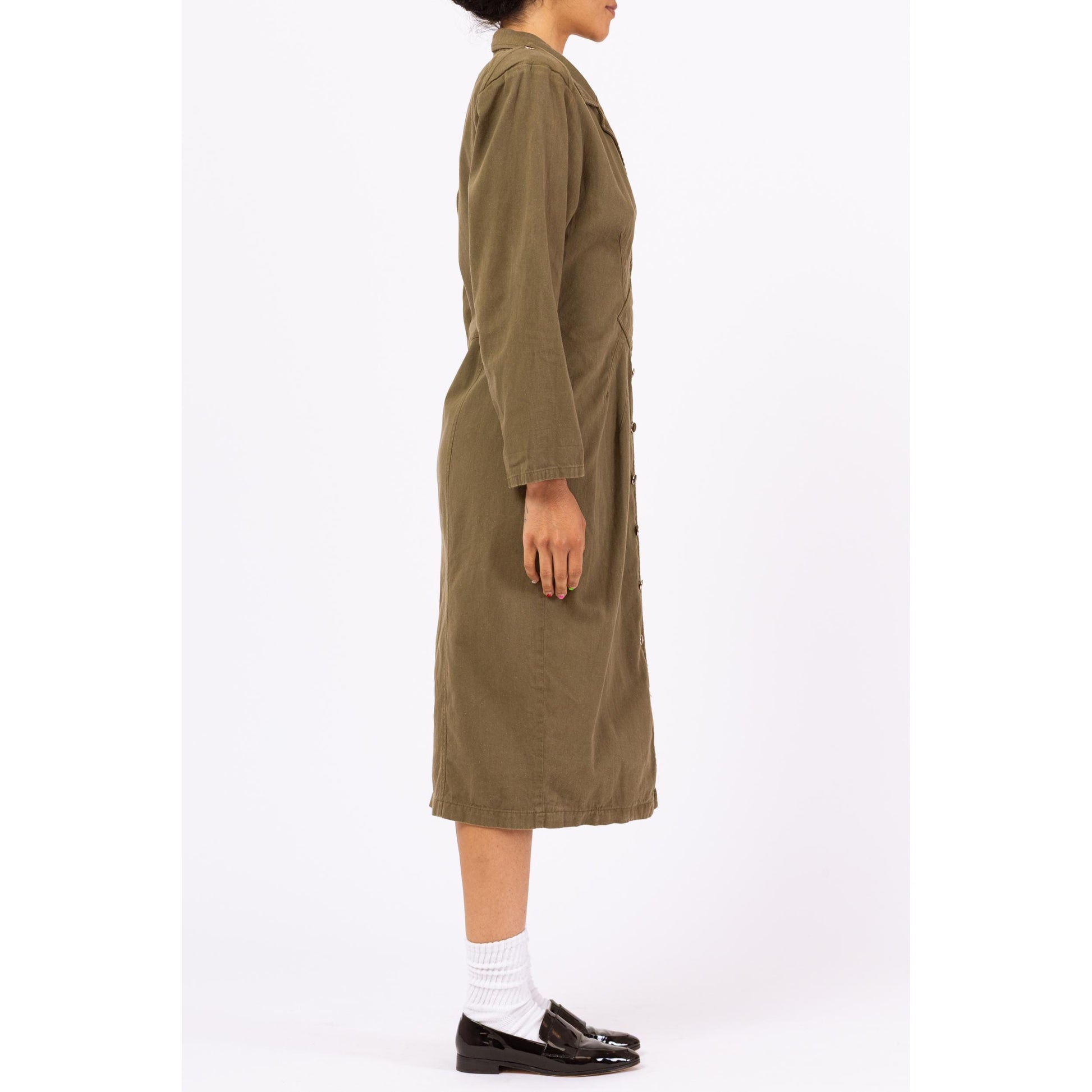 Vintage 90s Olive Green Military Style Midi Shirtdress - Medium | Deco Button Front Long Sleeve Cotton Midi Dress