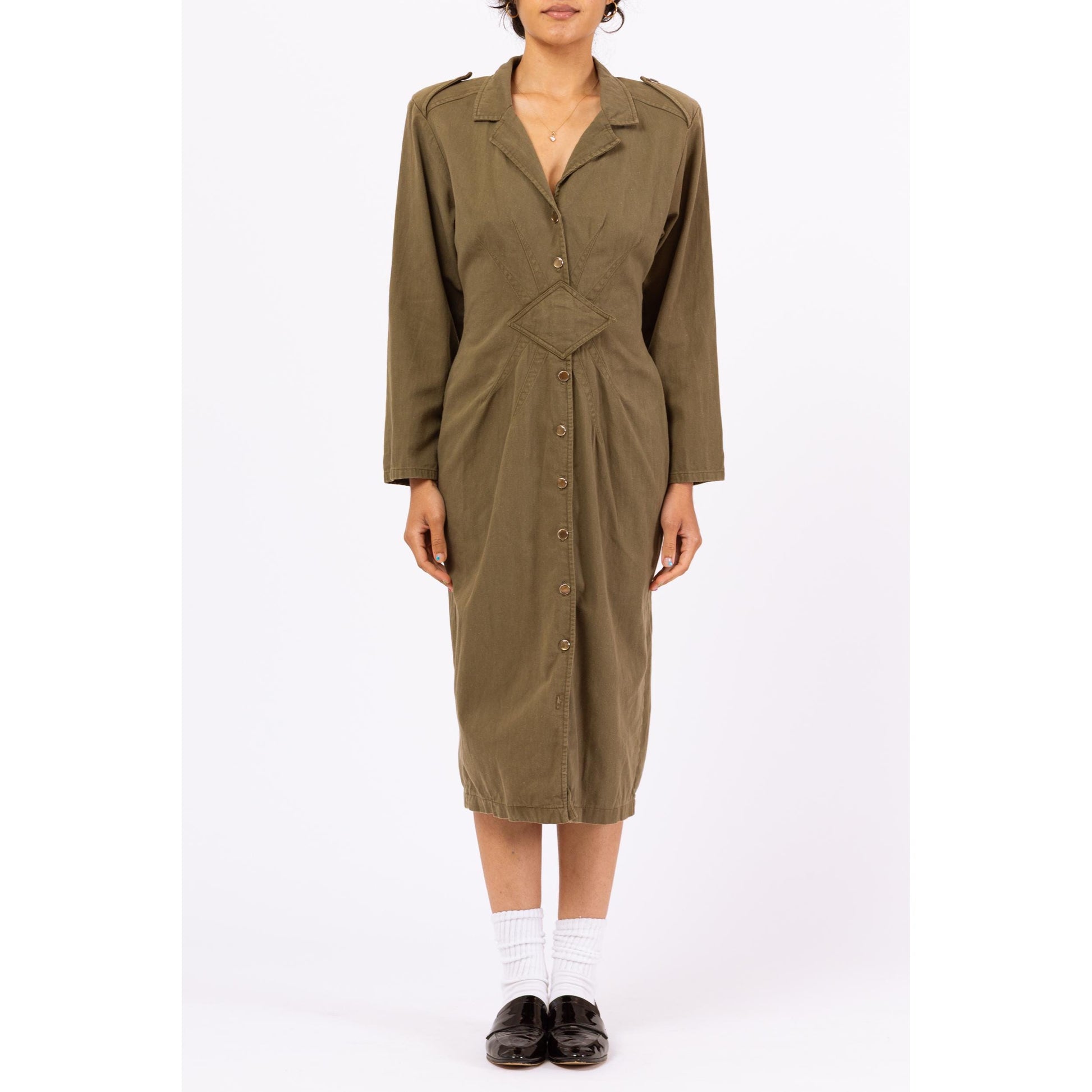 Vintage 90s Olive Green Military Style Midi Shirtdress - Medium | Deco Button Front Long Sleeve Cotton Midi Dress