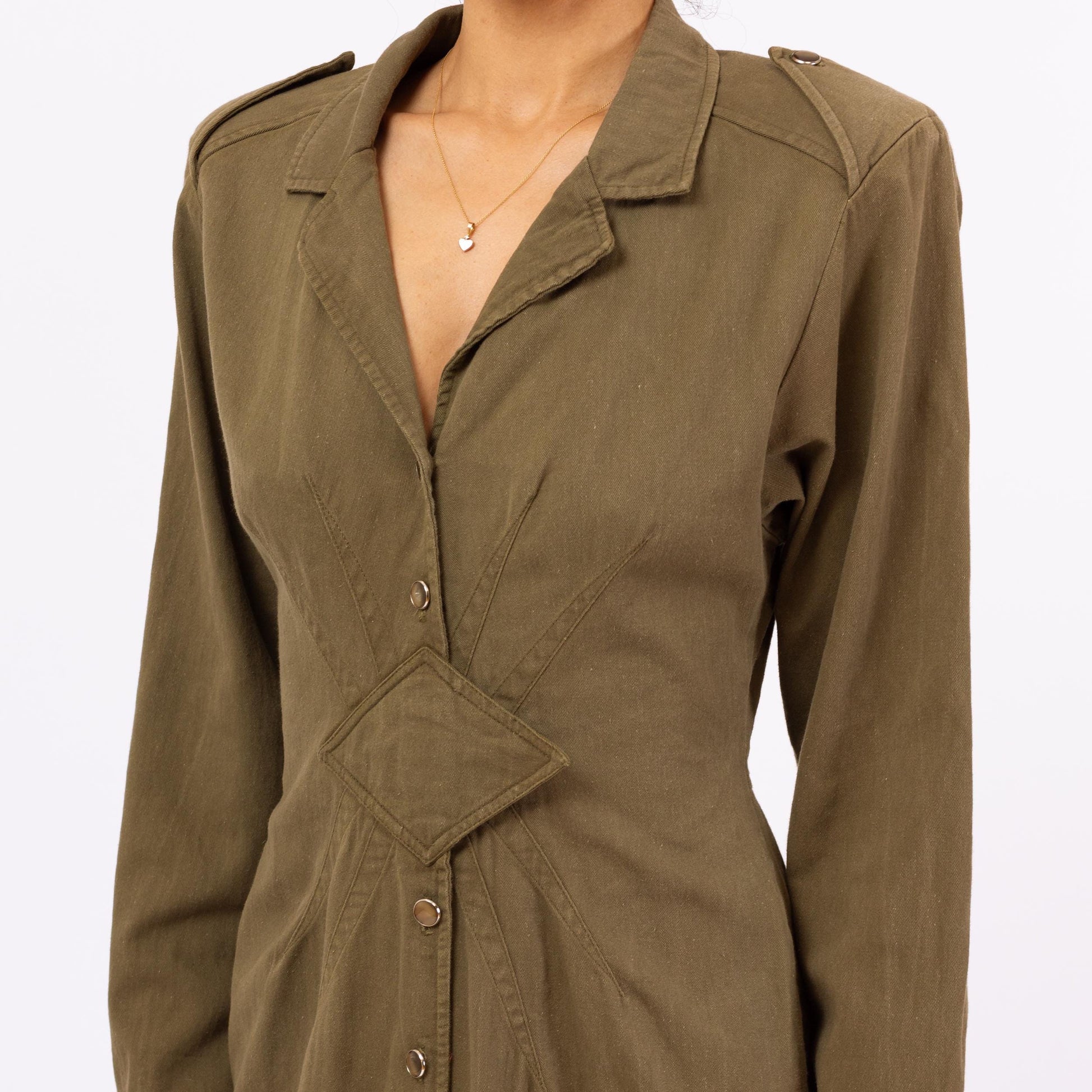 Vintage 90s Olive Green Military Style Midi Shirtdress - Medium | Deco Button Front Long Sleeve Cotton Midi Dress