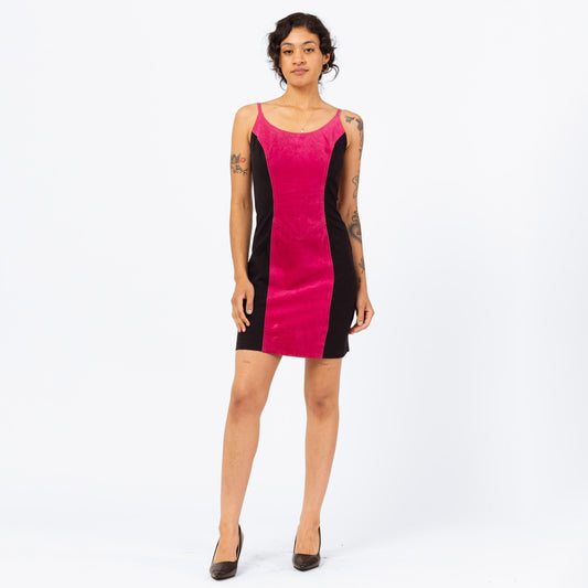 Vintage 90s Suede Pink & Black Colorblock Bodycon Mini Dress - Small to Medium | Fitted Cocktail Party Dress, Girly Punk Rocker Outfit