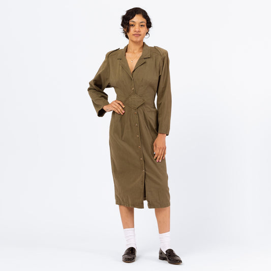 Vintage 90s Olive Green Military Style Midi Shirtdress - Medium | Deco Button Front Long Sleeve Cotton Midi Dress