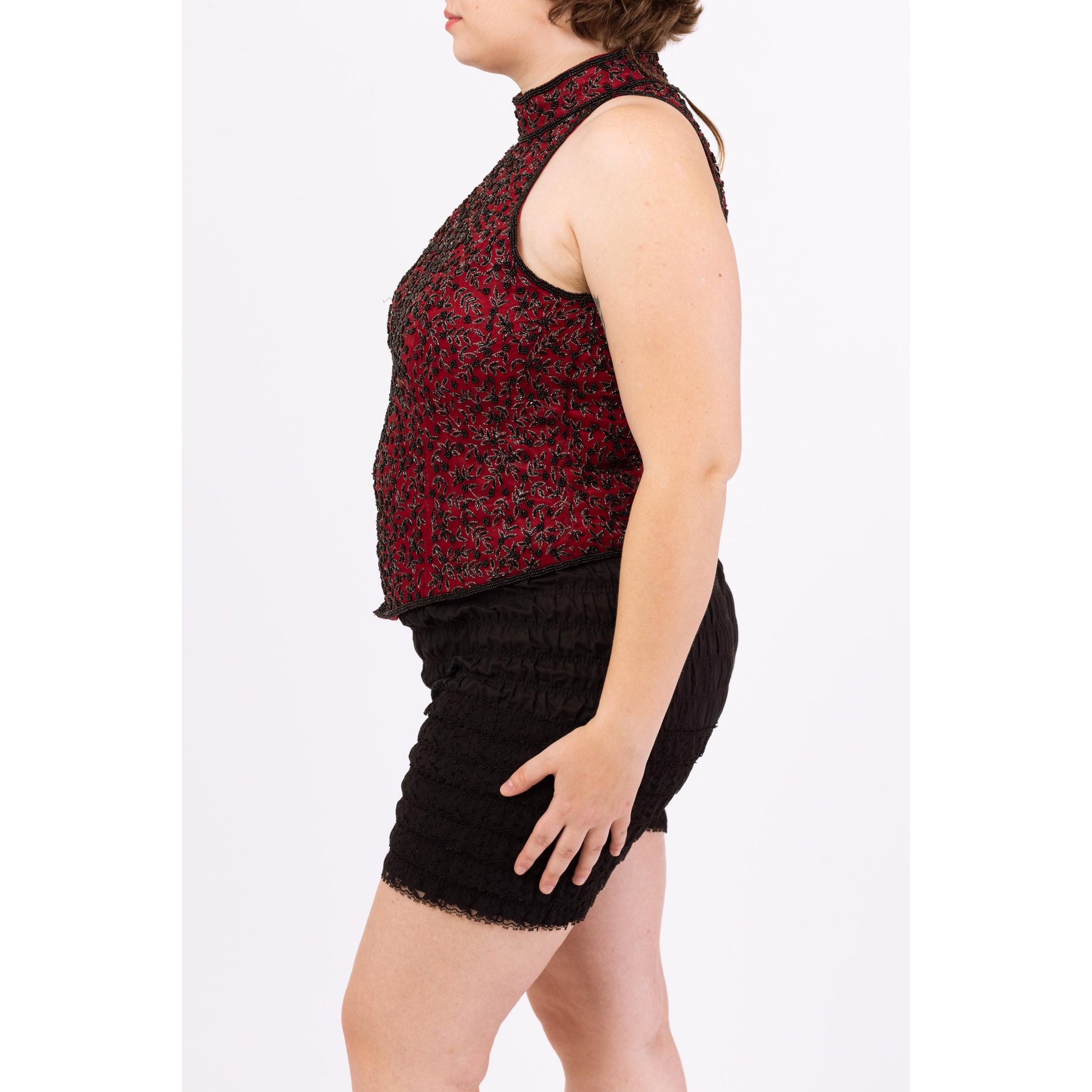 Vintage 90s Beaded Silk Racerback Formal Top - Extra Large | Red & Black Basque Waist Evening Blouse, Y2K Gothic Cocktail Party Look