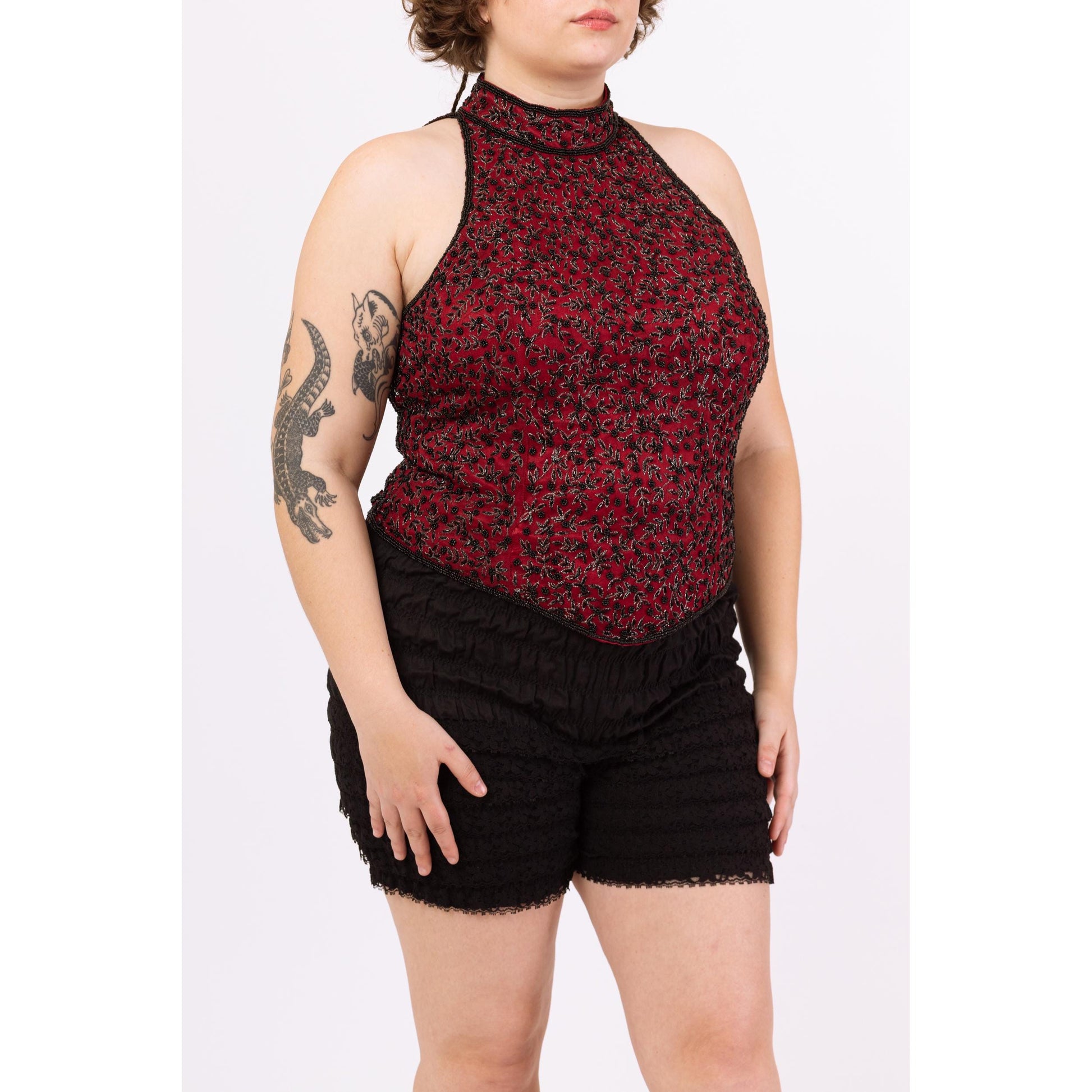 Vintage 90s Beaded Silk Racerback Formal Top - Extra Large | Red & Black Basque Waist Evening Blouse, Y2K Gothic Cocktail Party Look