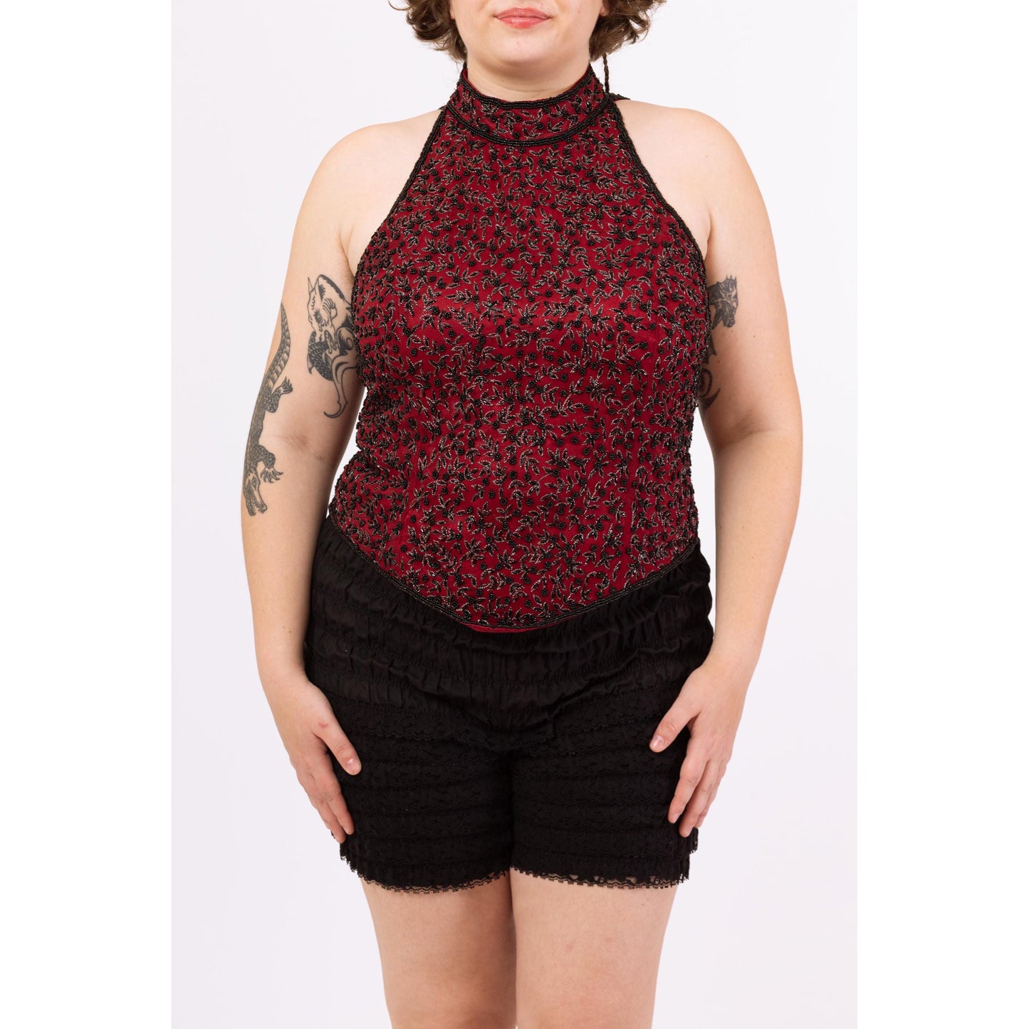Vintage 90s Beaded Silk Racerback Formal Top - Extra Large | Red & Black Basque Waist Evening Blouse, Y2K Gothic Cocktail Party Look