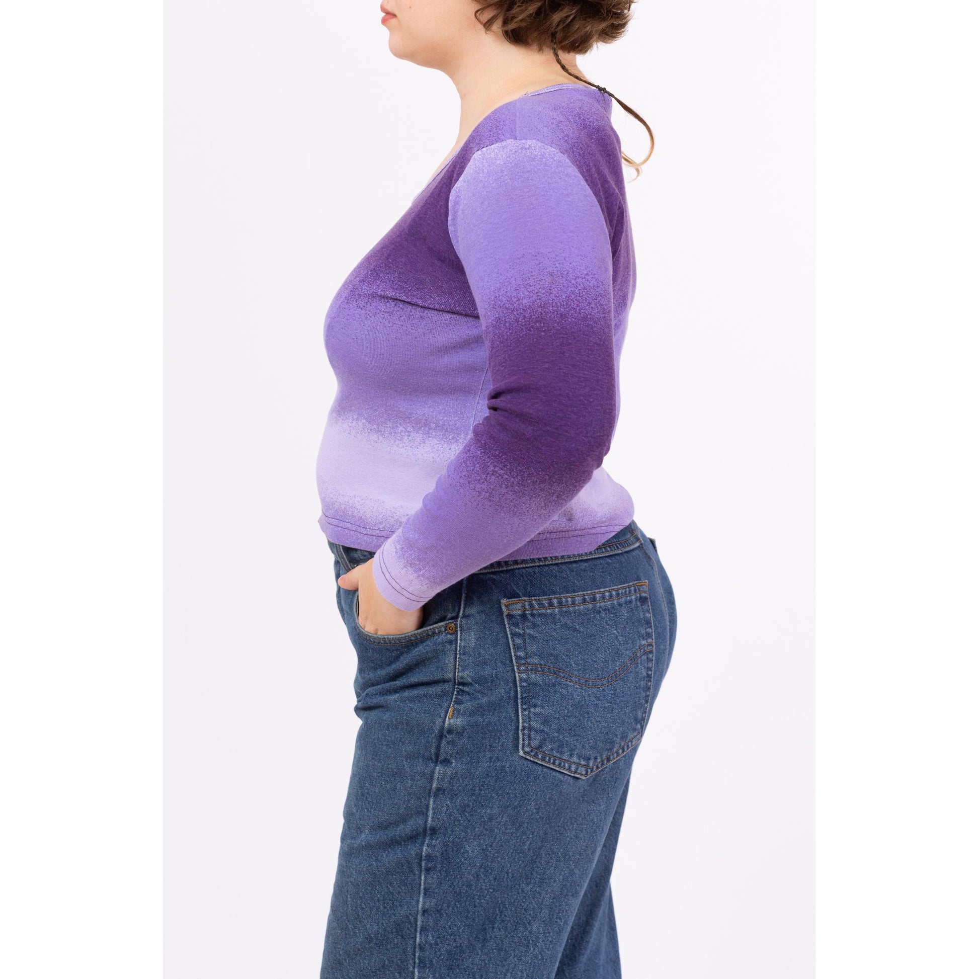 Vintage 90s Purple Gradient Long Sleeve Top - Extra Large | Ombre Stripe Scoop Neck Fitted Y2K Shirt