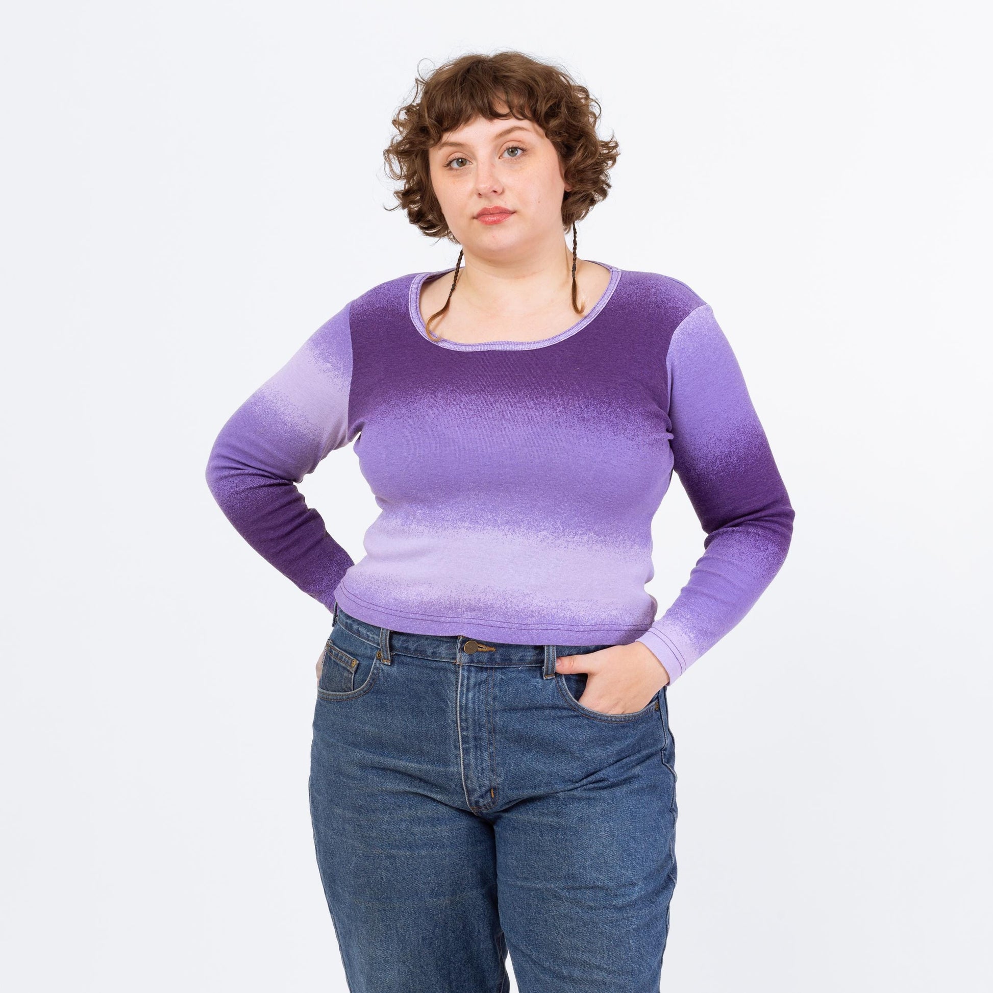Vintage 90s Purple Gradient Long Sleeve Top - Extra Large | Ombre Stripe Scoop Neck Fitted Y2K Shirt