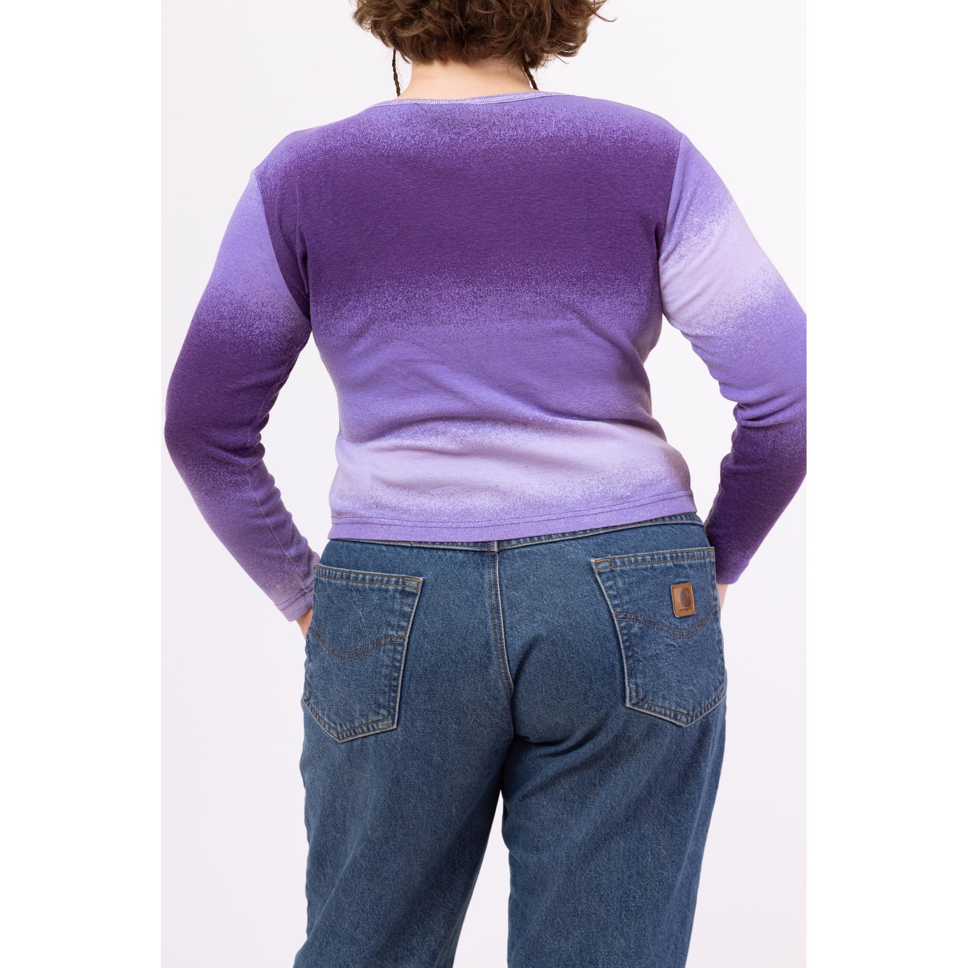 Vintage 90s Purple Gradient Long Sleeve Top - Extra Large | Ombre Stripe Scoop Neck Fitted Y2K Shirt