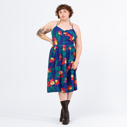Vintage 80s Blue Hawaiian Floral Spaghetti Strap Dress - 1x-2x | Retro Summer Tropical Cotton Midi Sundress with Pocket