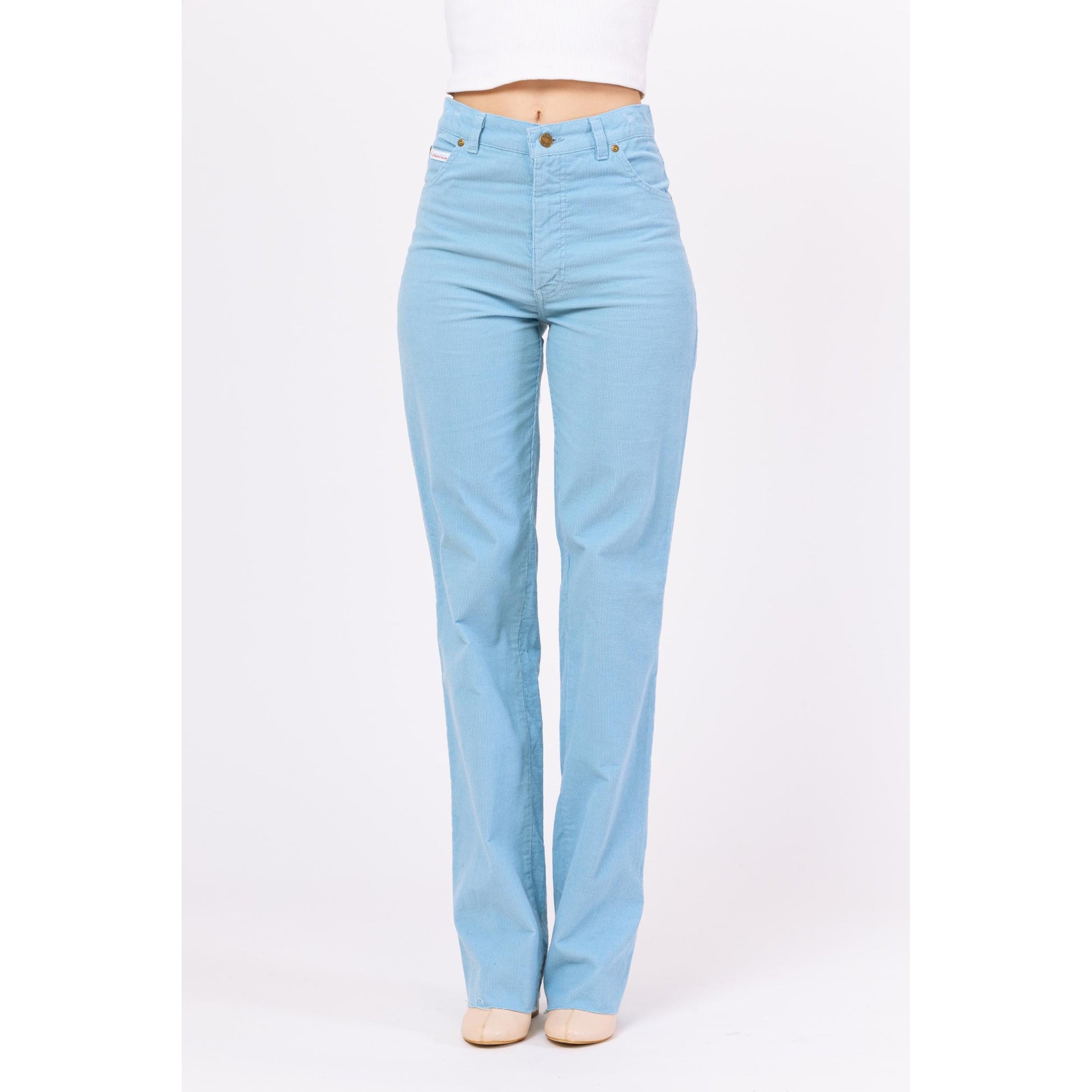 Vintage 80s Light Blue Corduroy High Waisted Pants - Small | Straight Leg Trousers, Tall Long Inseam Mid High Rise Cords
