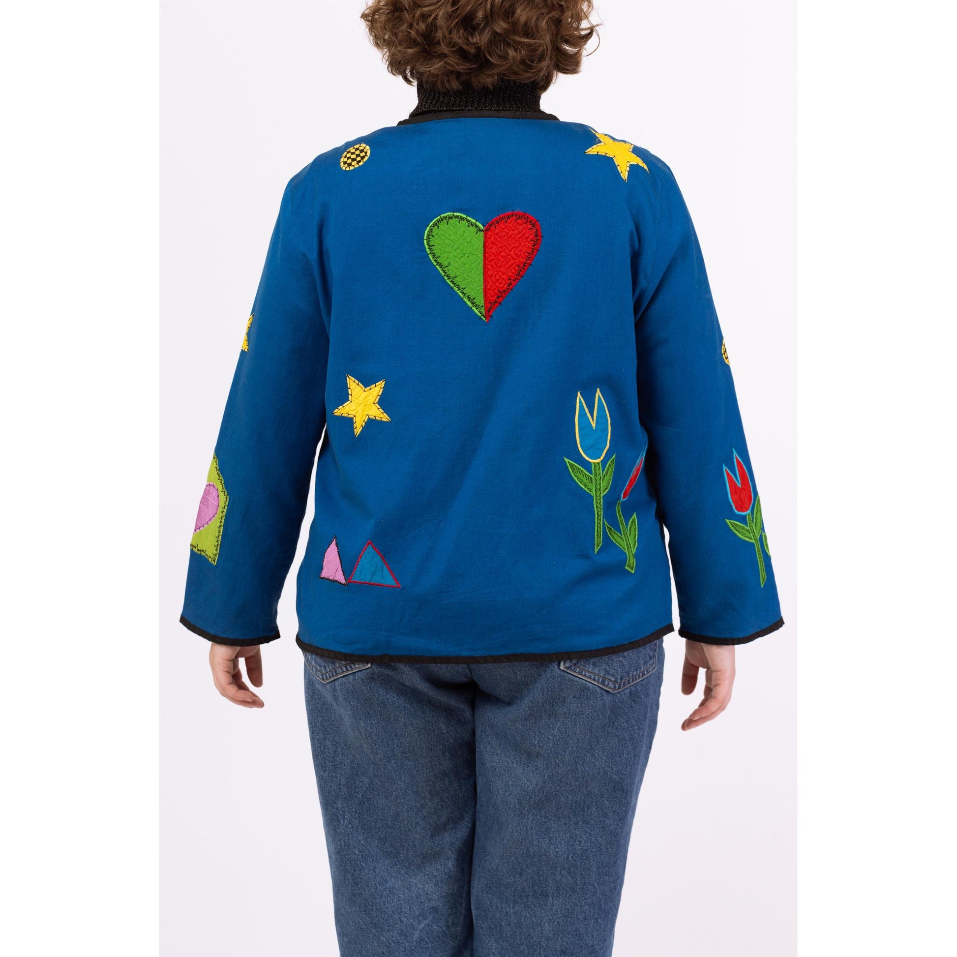 Vintage 90s Blue Applique Folk Art Jacket - 1X | Cotton Flax Lightweight Grandma Core Novelty Blazer