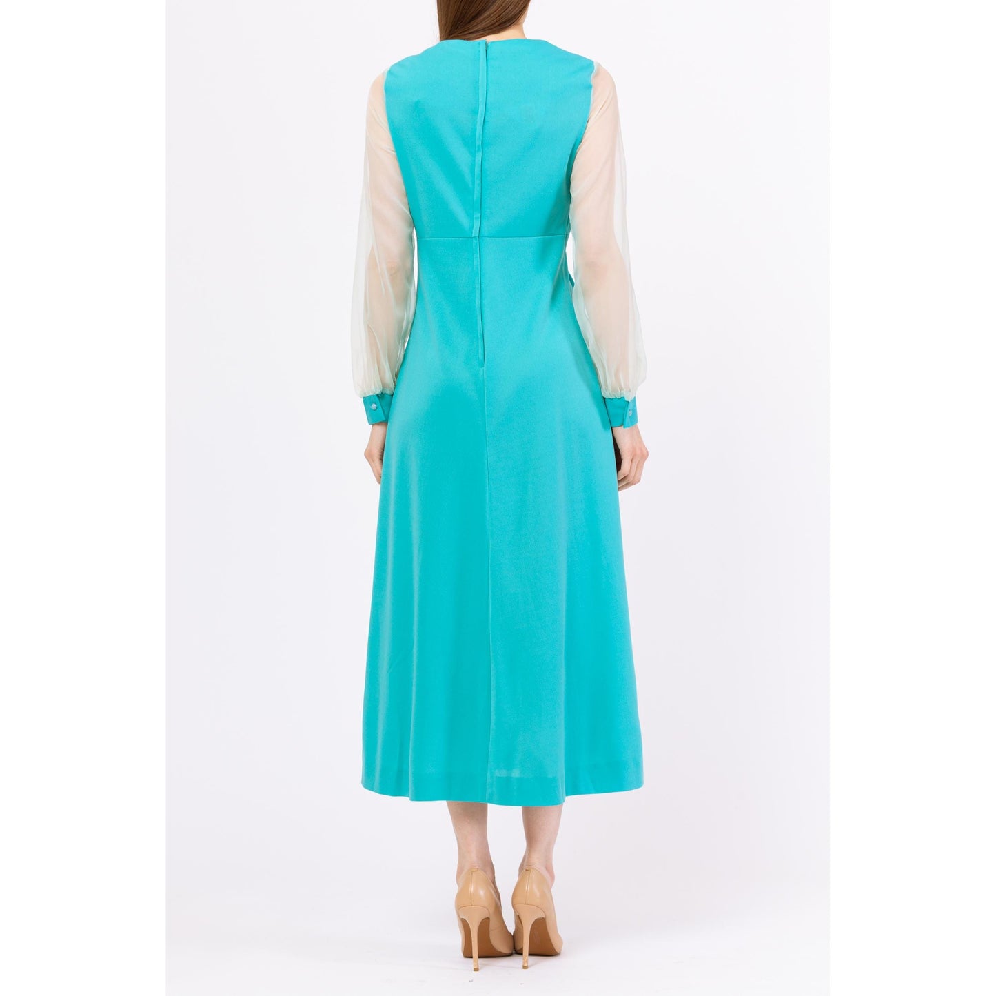 Vintage 70s Turquoise Sheer Sleeve Maxi Dress - Medium | Blue Long Sleeve Empire Waist Gown, 1970s Disco Party Prom Dress