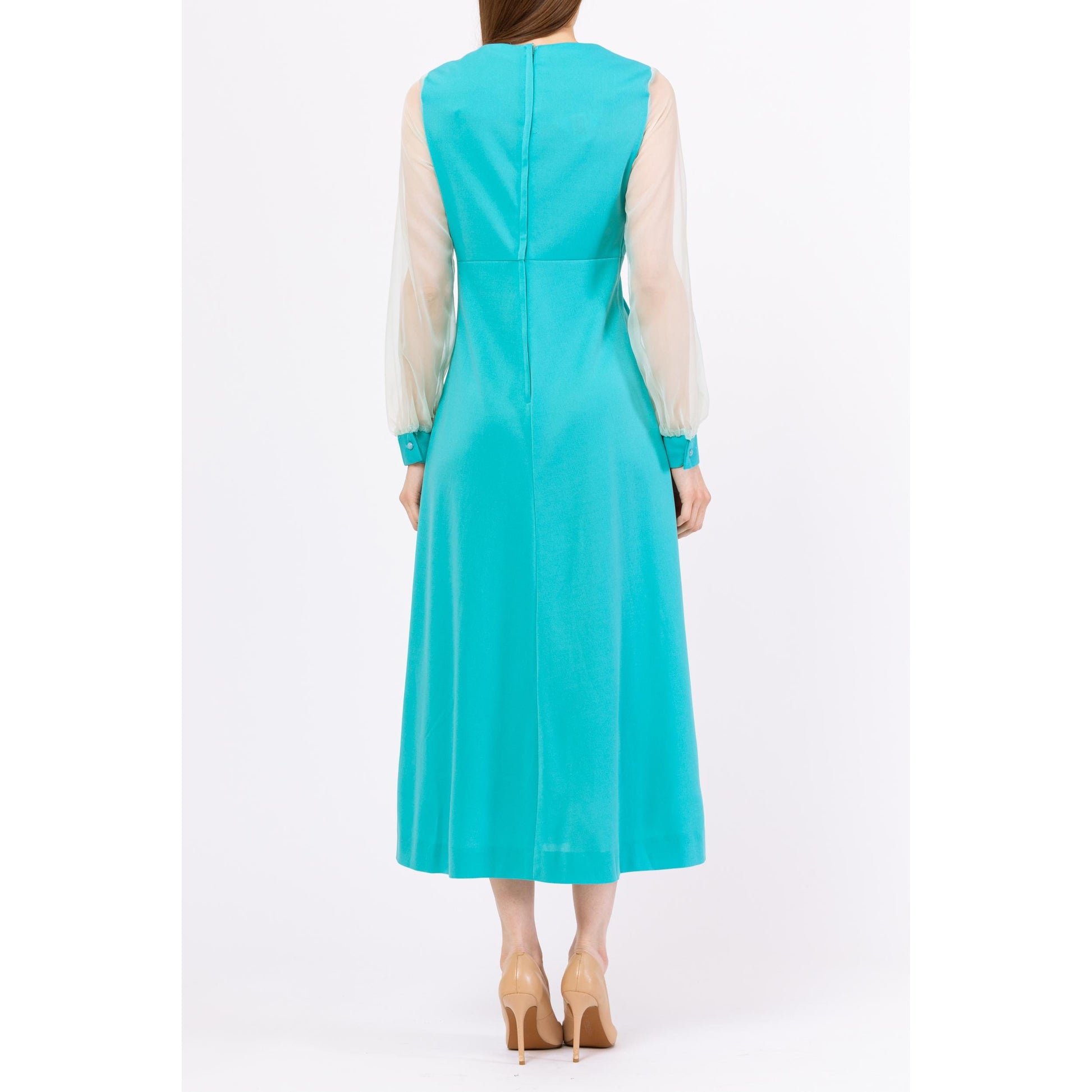 Vintage 70s Turquoise Sheer Sleeve Maxi Dress - Medium | Blue Long Sleeve Empire Waist Gown, 1970s Disco Party Prom Dress