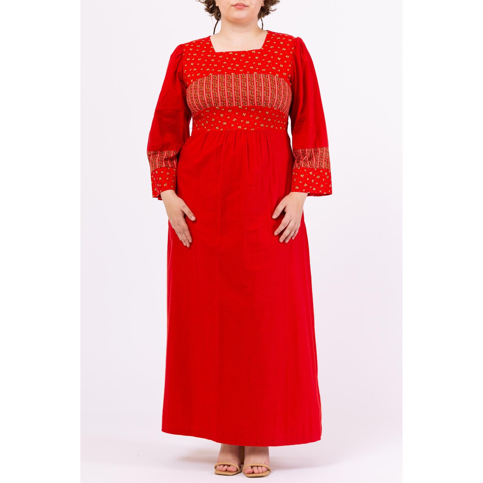 Vintage 70s Red Floral Prairie Maxi Dress - Large | Cottagecore Flannel Bell Sleeve Tie Back Lounge Dress