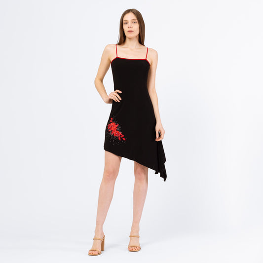 Vintage Y2K Black & Red Floral Mini Party Dress - Small to Medium | 2000s Asymmetrical Scarf Hem Spaghetti Strap Club Dress