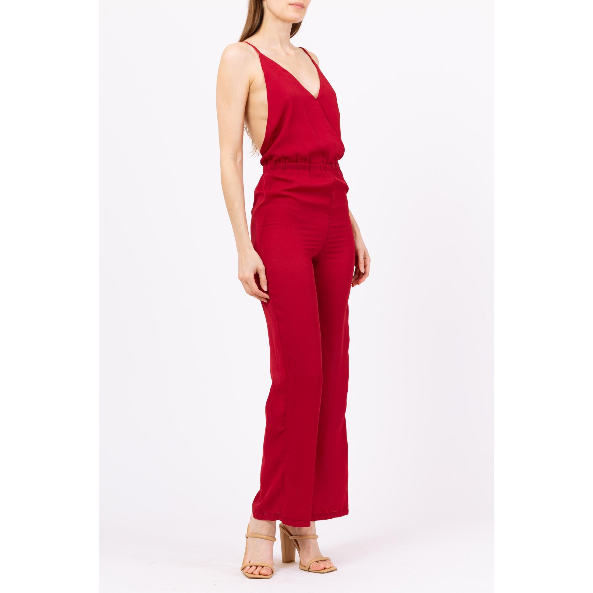 Vintage Y2K Raspberry Red Low Back Jumpsuit - Small | 2000s Sexy Low Back Pantsuit, Disco Style Party Outfit