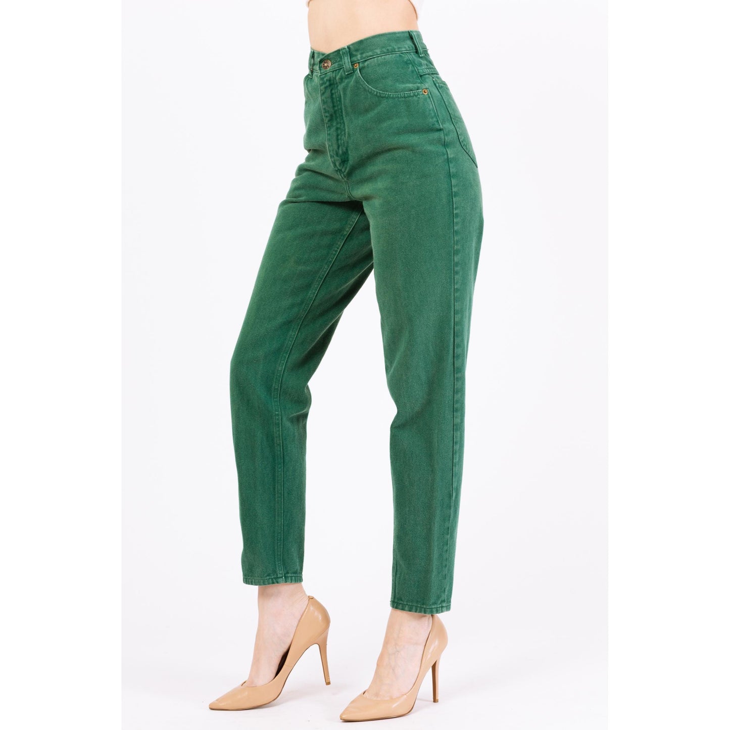 Vintage 80s Jade Green High Waisted Jeans - Extra Small, 24" Waist | High Rise Denim Tapered Leg Mom Jeans, Yoked Waist Jeans