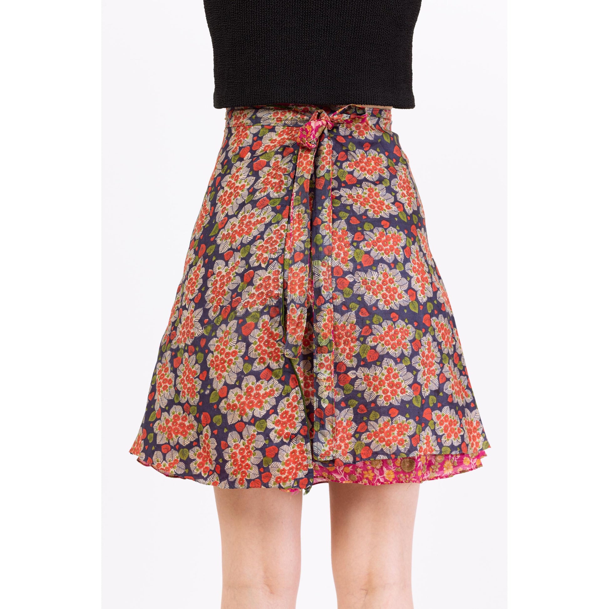 Vintage Boho Reversible Mini Wrap Skirt - One Size | Pink & Blue Bohemian High Waisted A Line Floral Hippie Summer Miniskirt
