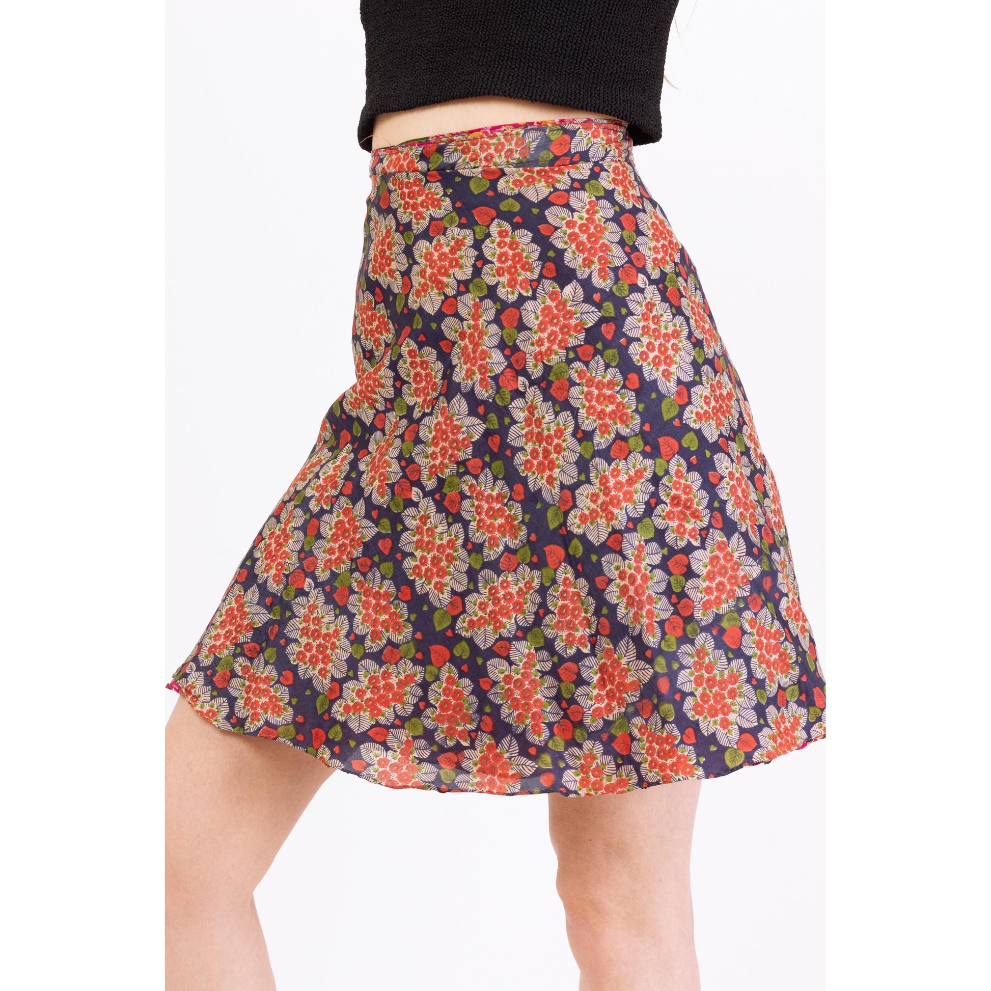 Vintage Boho Reversible Mini Wrap Skirt - One Size | Pink & Blue Bohemian High Waisted A Line Floral Hippie Summer Miniskirt