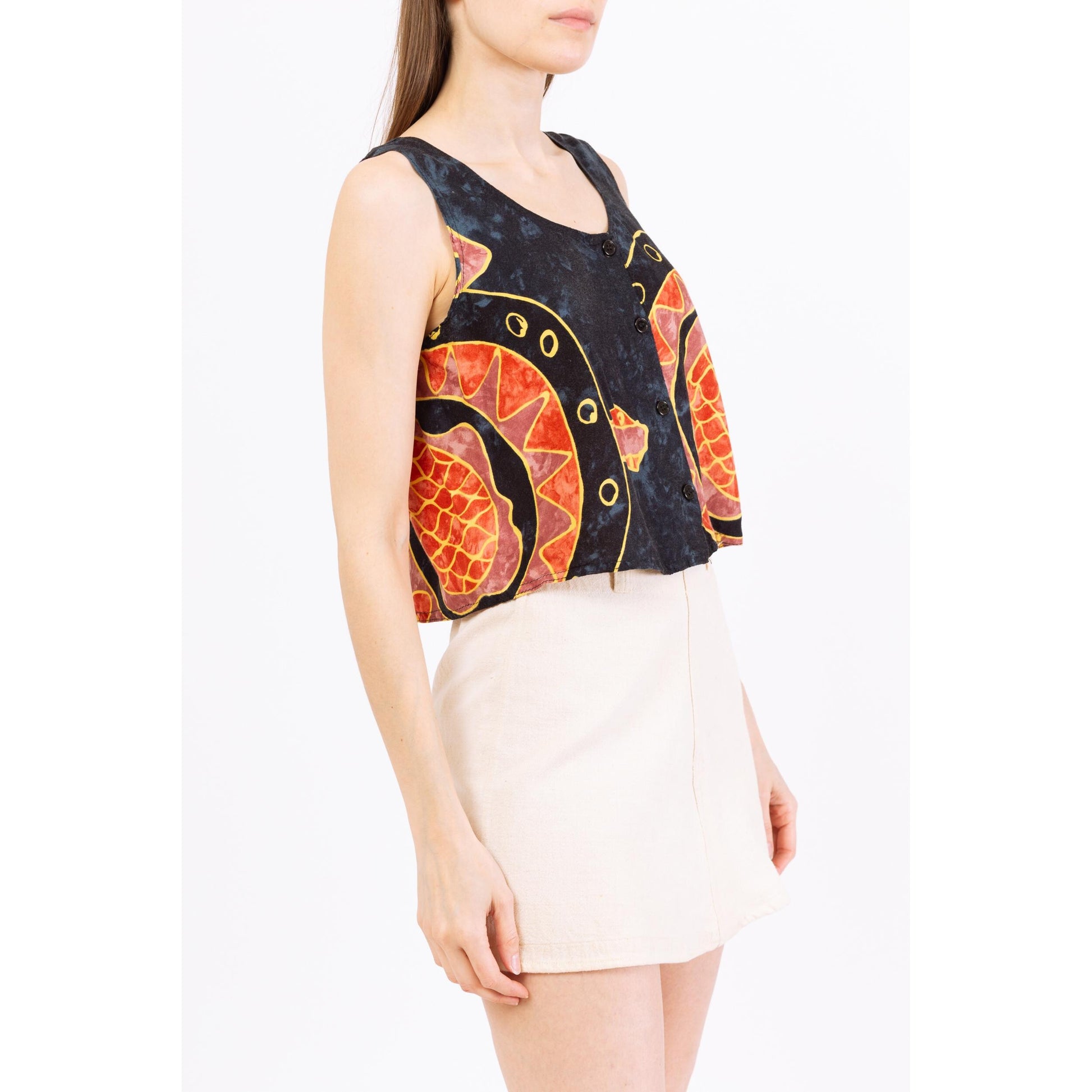 Vintage 90s Batik Turtle Print Crop Top - Medium | Navy Blue & Orange Boho Sleeveless Button Front Cropped Tank