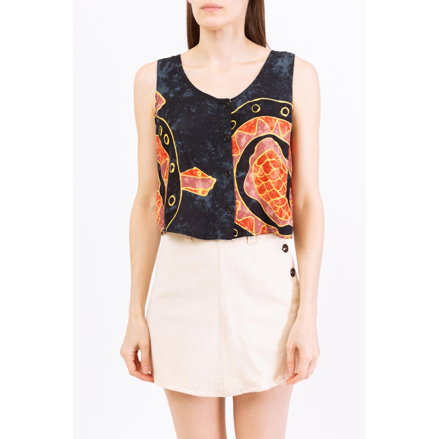 Vintage 90s Batik Turtle Print Crop Top - Medium | Navy Blue & Orange Boho Sleeveless Button Front Cropped Tank