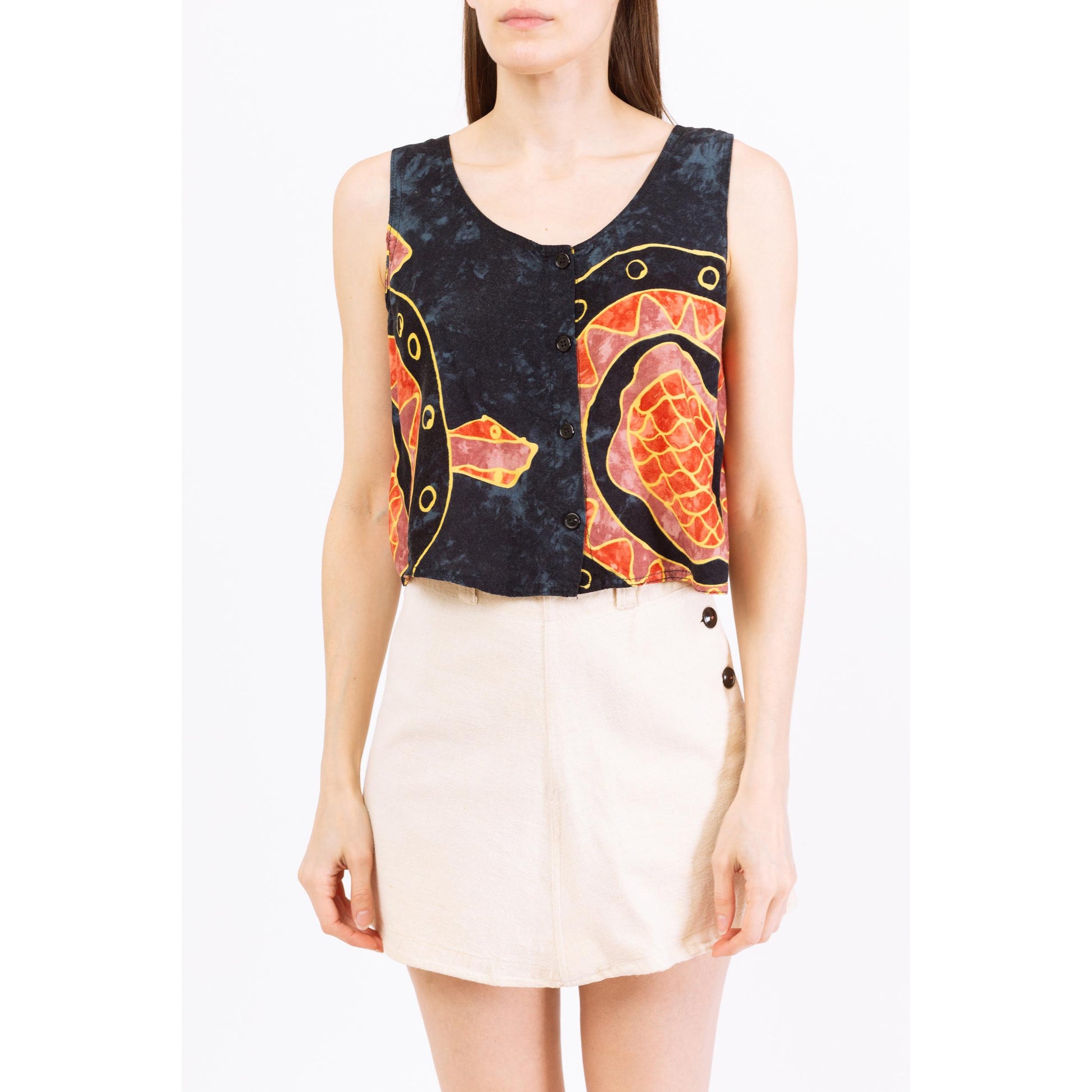 Vintage 90s Batik Turtle Print Crop Top - Medium | Navy Blue & Orange Boho Sleeveless Button Front Cropped Tank