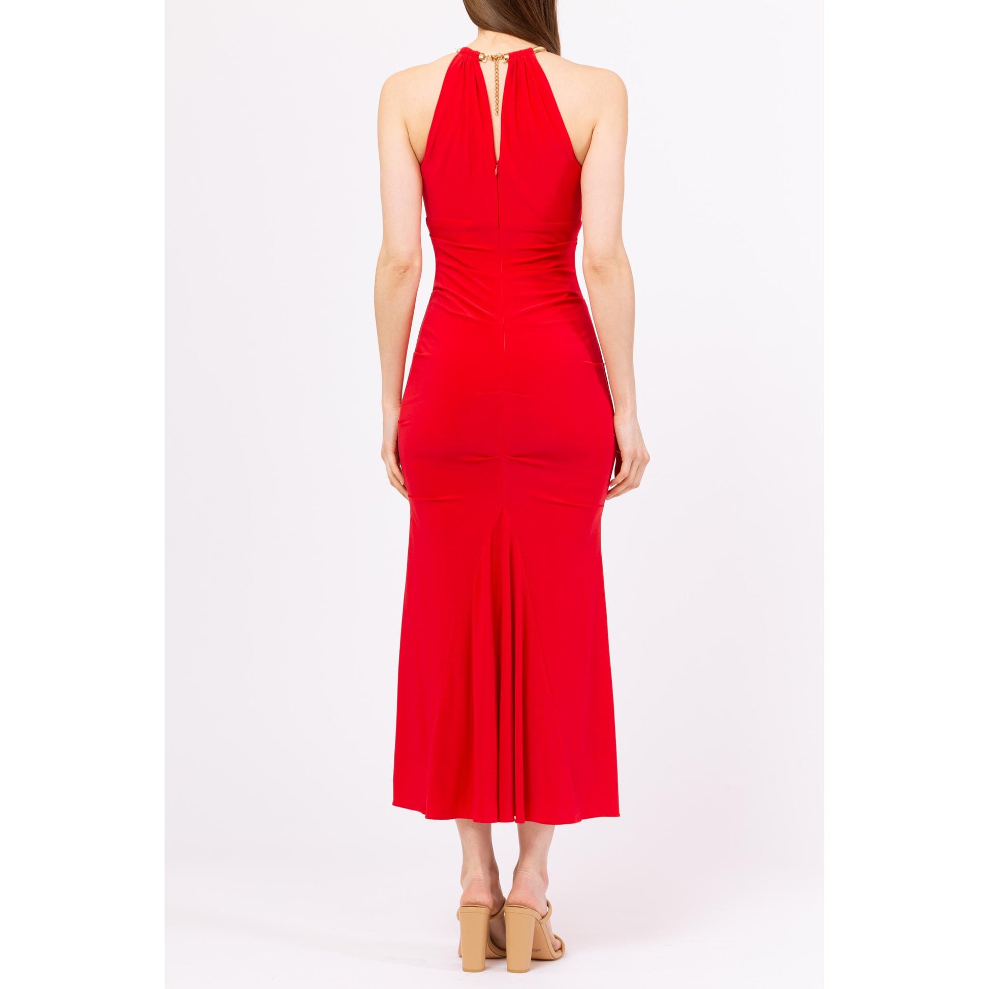 Vintage 90s Y2K Cache Red Gold Chain Collar Bodycon Maxi Dress - Extra Small | Racerback Choker Neck Evening Gown, Sexy Formal Party Dress