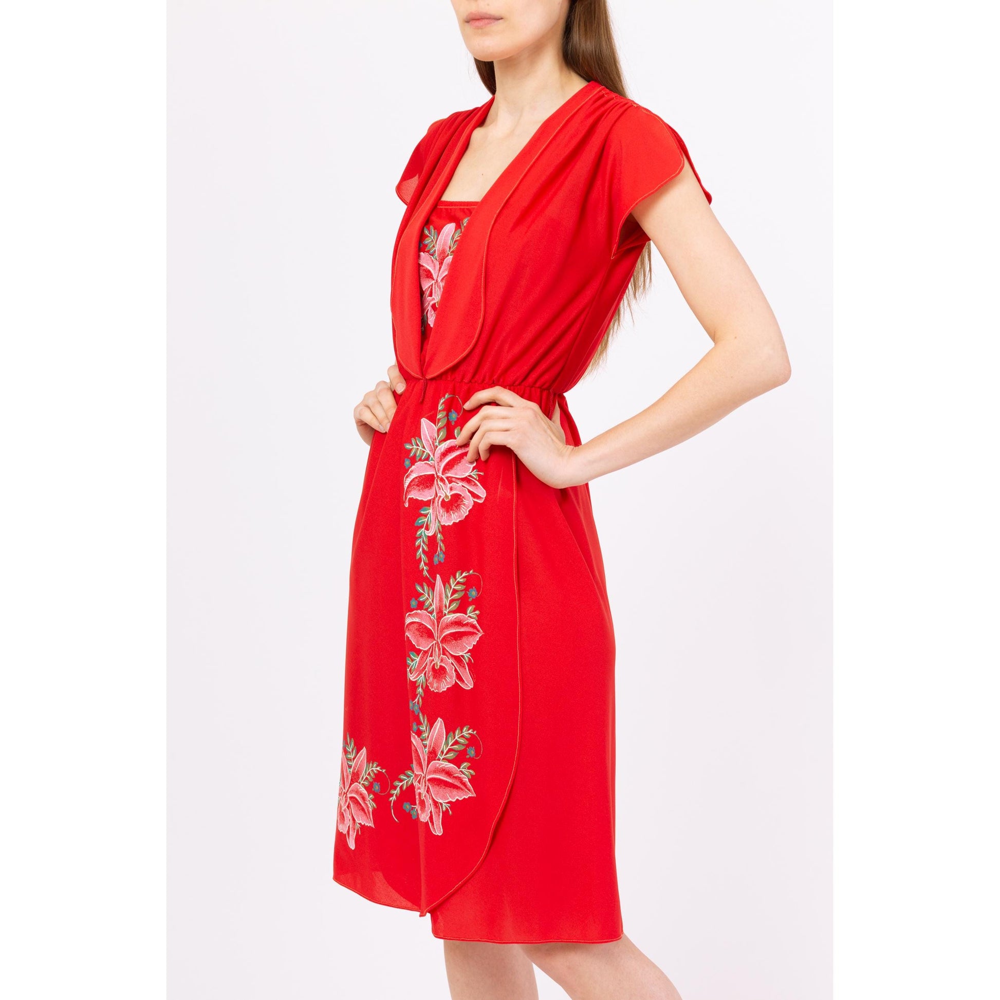 Vintage 70s Red Hibiscus Floral Midi Dress - Extra Small | Boho Flutter Sleeve Boho Summer Sundress, Disco Wrap Dress