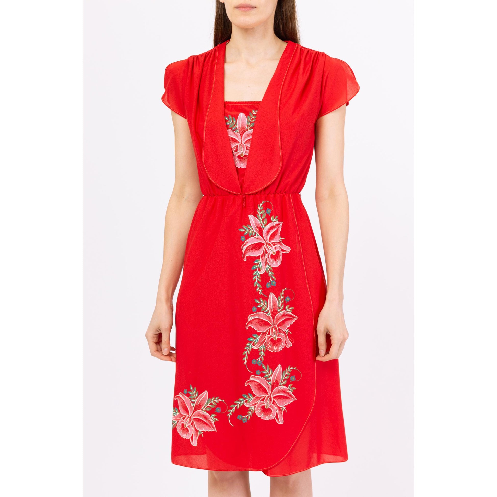 Vintage 70s Red Hibiscus Floral Midi Dress - Extra Small | Boho Flutter Sleeve Boho Summer Sundress, Disco Wrap Dress