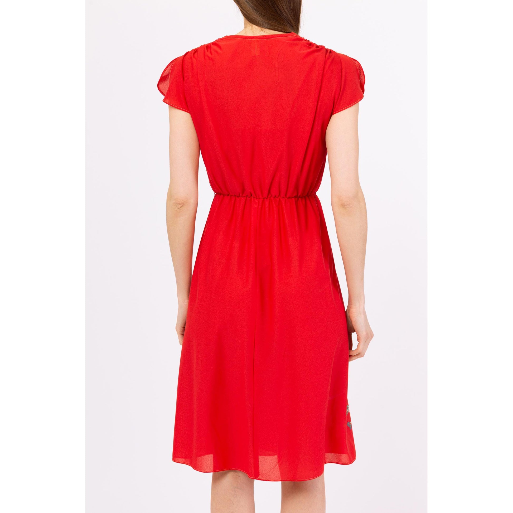 Vintage 70s Red Hibiscus Floral Midi Dress - Extra Small | Boho Flutter Sleeve Boho Summer Sundress, Disco Wrap Dress