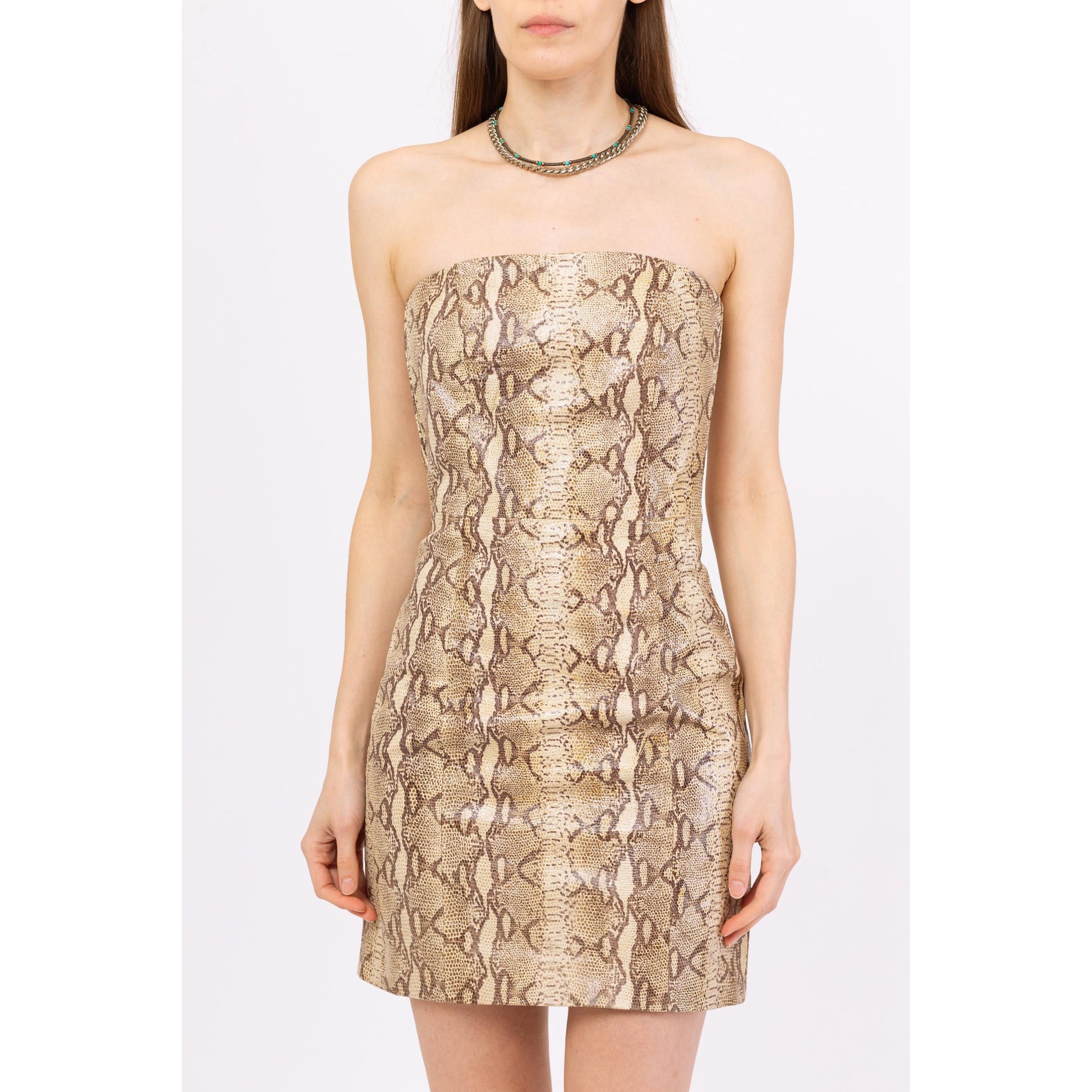 Vintage Y2K Hugo Buscati Snakeskin Leather Mini Dress - Small, Size 4 | Strapless Cocktail Dress, Sexy 2000s Bodycon Club Dress