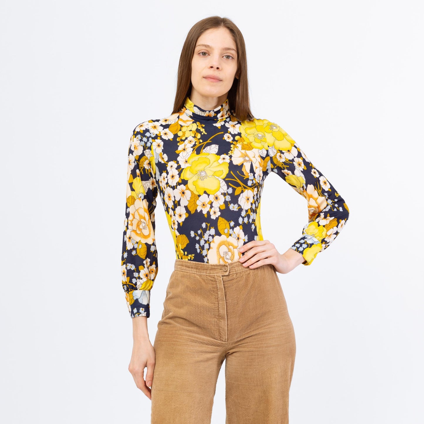 Vintage 70s Floral Long Sleeve Bodysuit Top - Extra Small | Retro Mockneck Blouse, Navy Blue & Yellow One Piece Disco Shirt