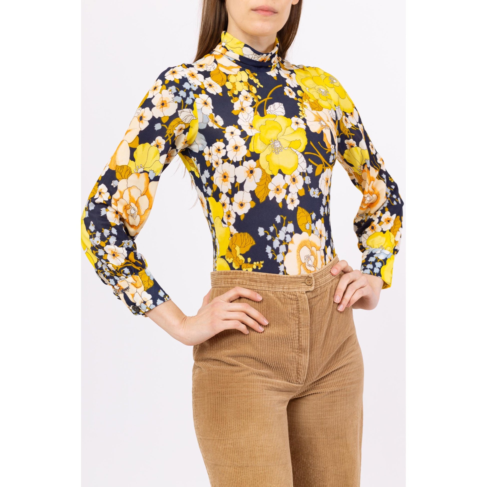Vintage 70s Floral Long Sleeve Bodysuit Top - Extra Small | Retro Mockneck Blouse, Navy Blue & Yellow One Piece Disco Shirt